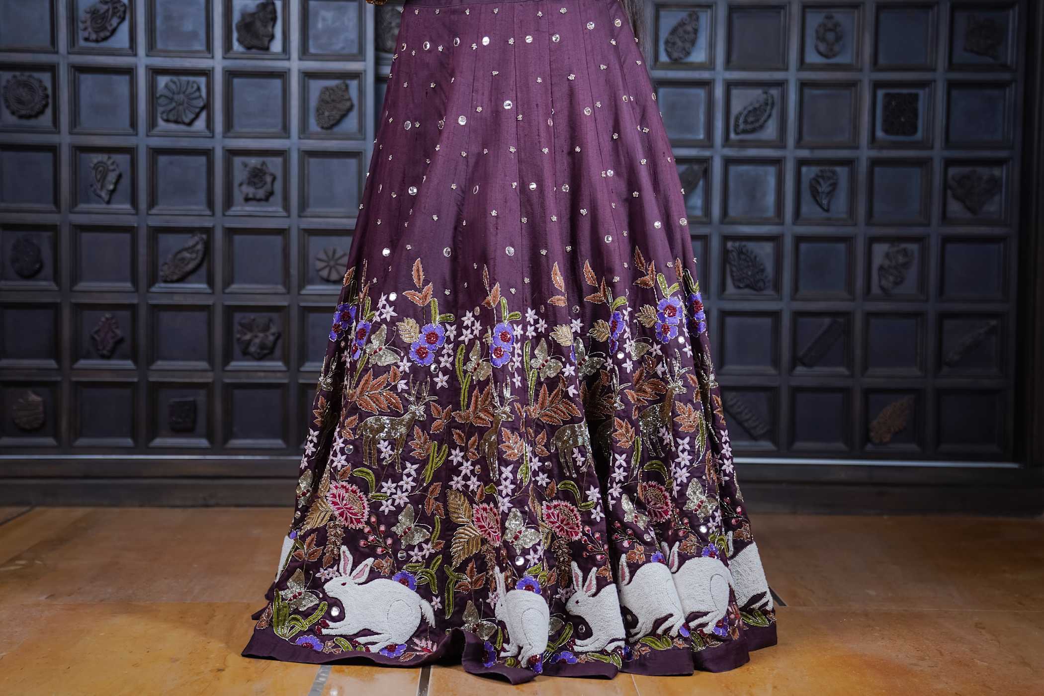 Deep Maroon Lehenga with Floral & Rabbit Motifs – Traditional Elegance