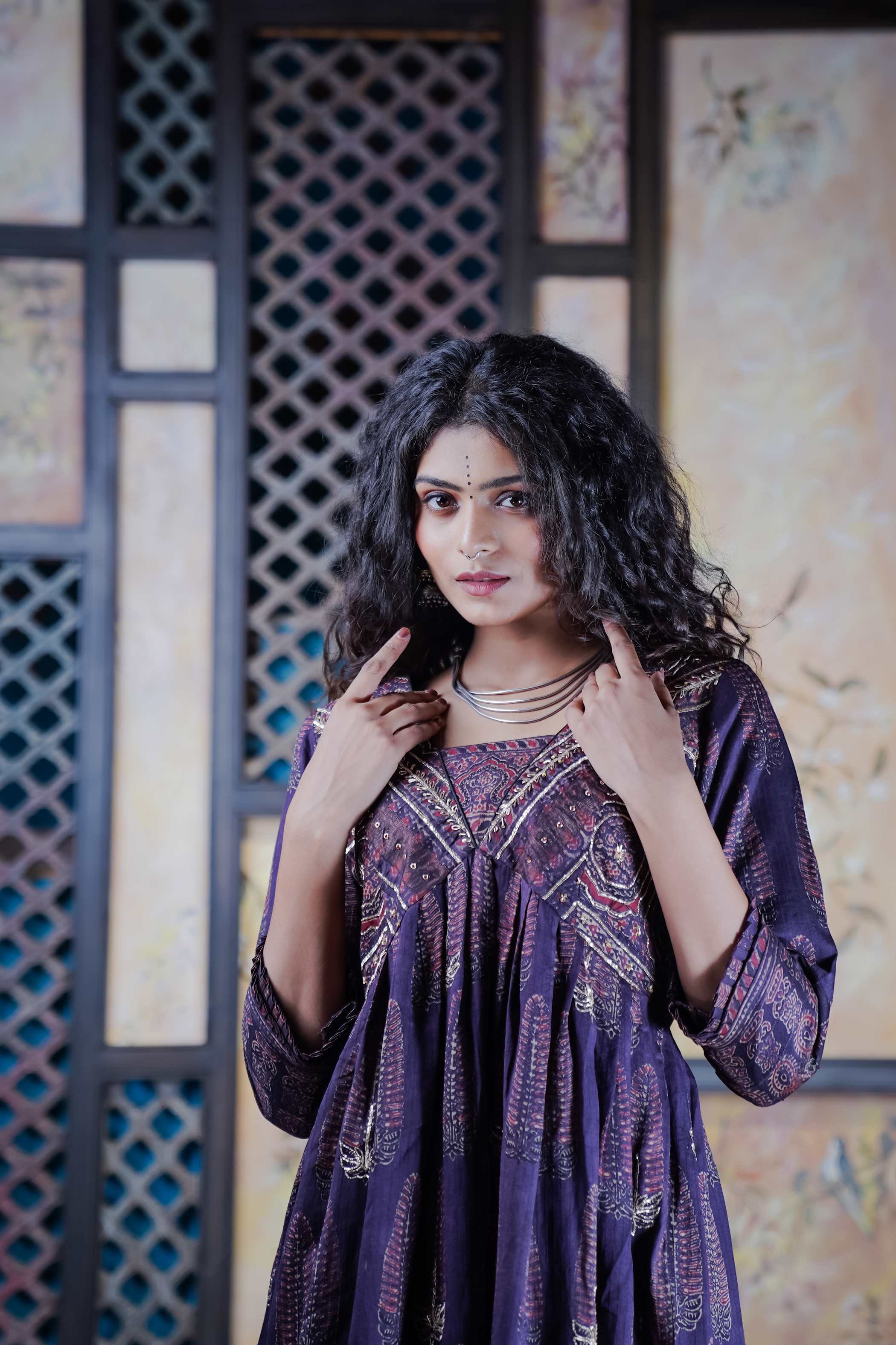 Indigo Ajrak Kurti Set with Intricate Motifs and Gold Detailing