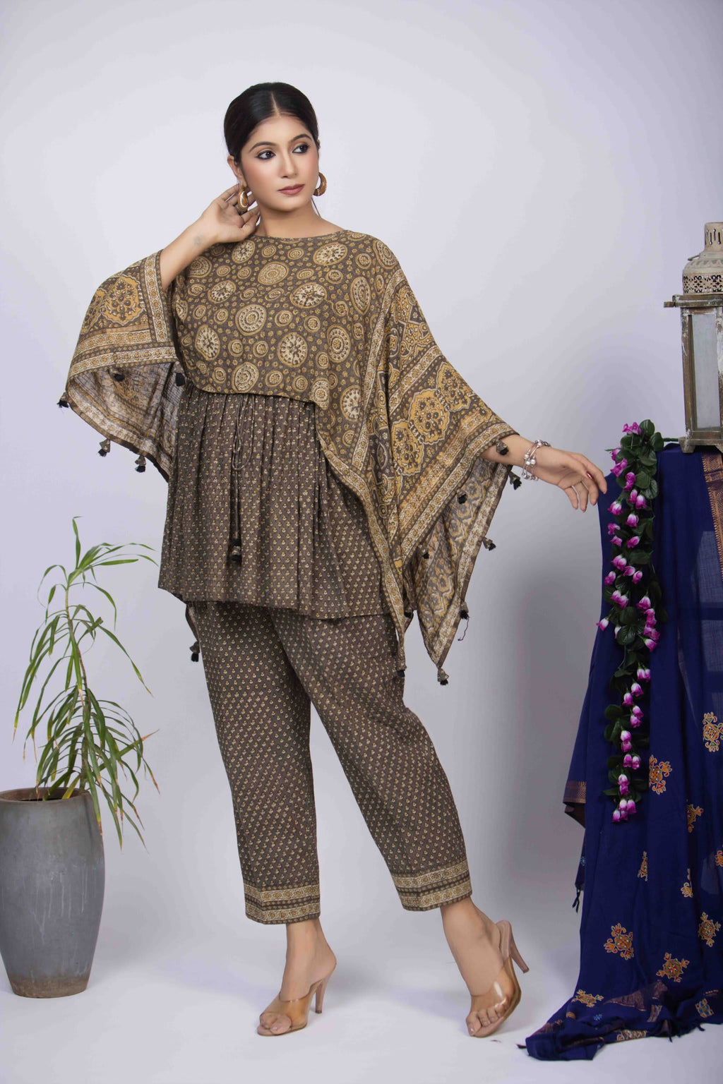 Dusty Yellow Ajrakh Co-Ord Set with Geometric Motifs and Peplum Top