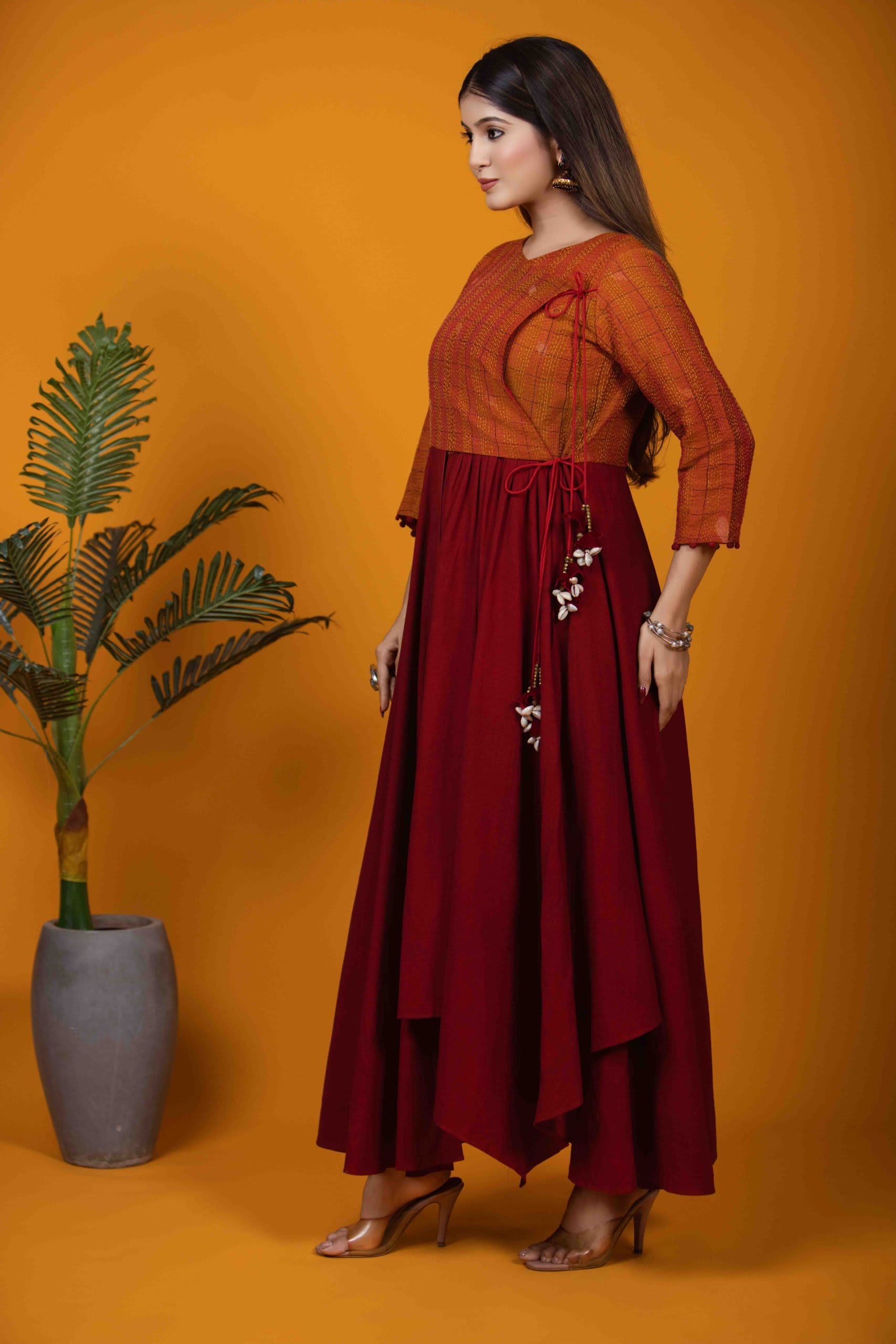 Maroon Angrakha Dress with Katha Embroidery and Cotton Fabric