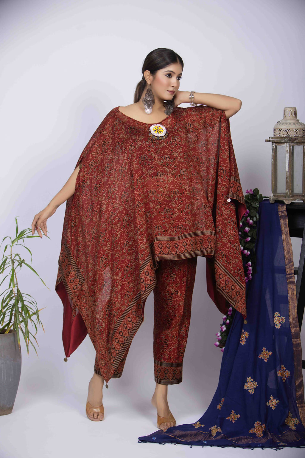 Maroon Kaftan Kurti Set with Ajrakh Block Print & Bead Work