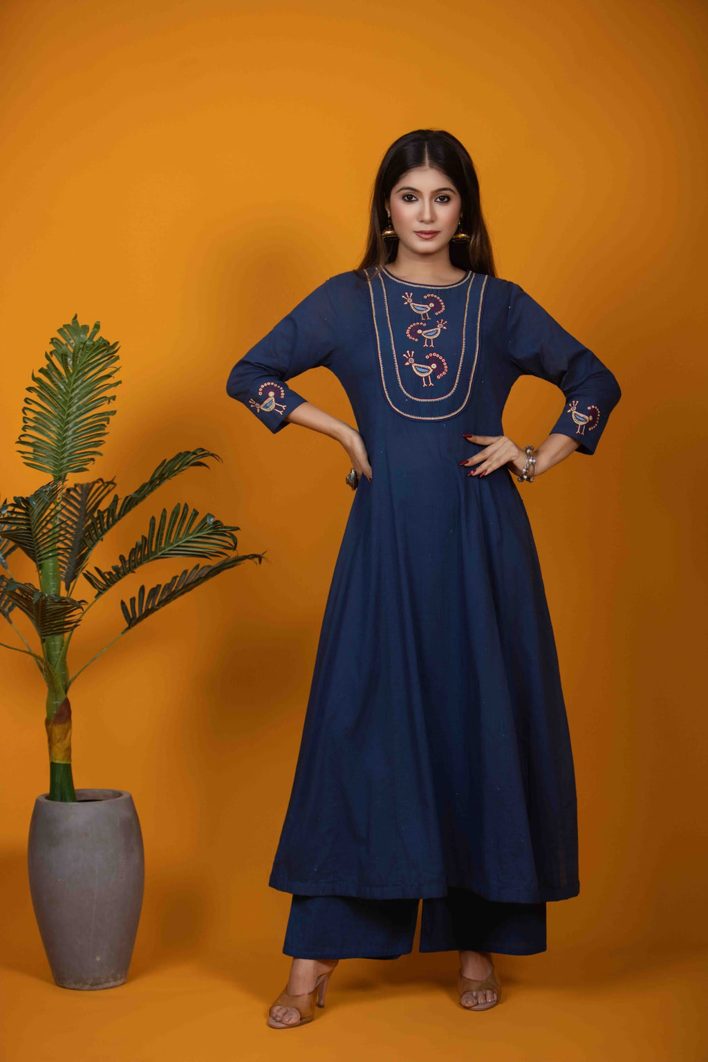 Navy Blue Kurta Set with Hand Embroidery & Bird Motifs
