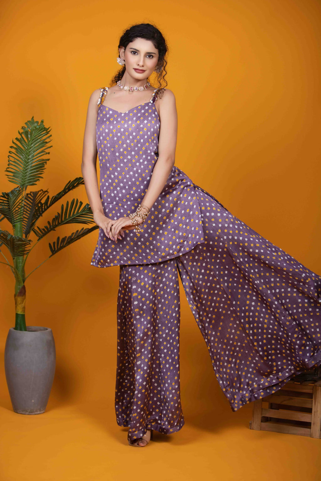 Purple Kurti Set with Bandhej Print and Beaded Tassels