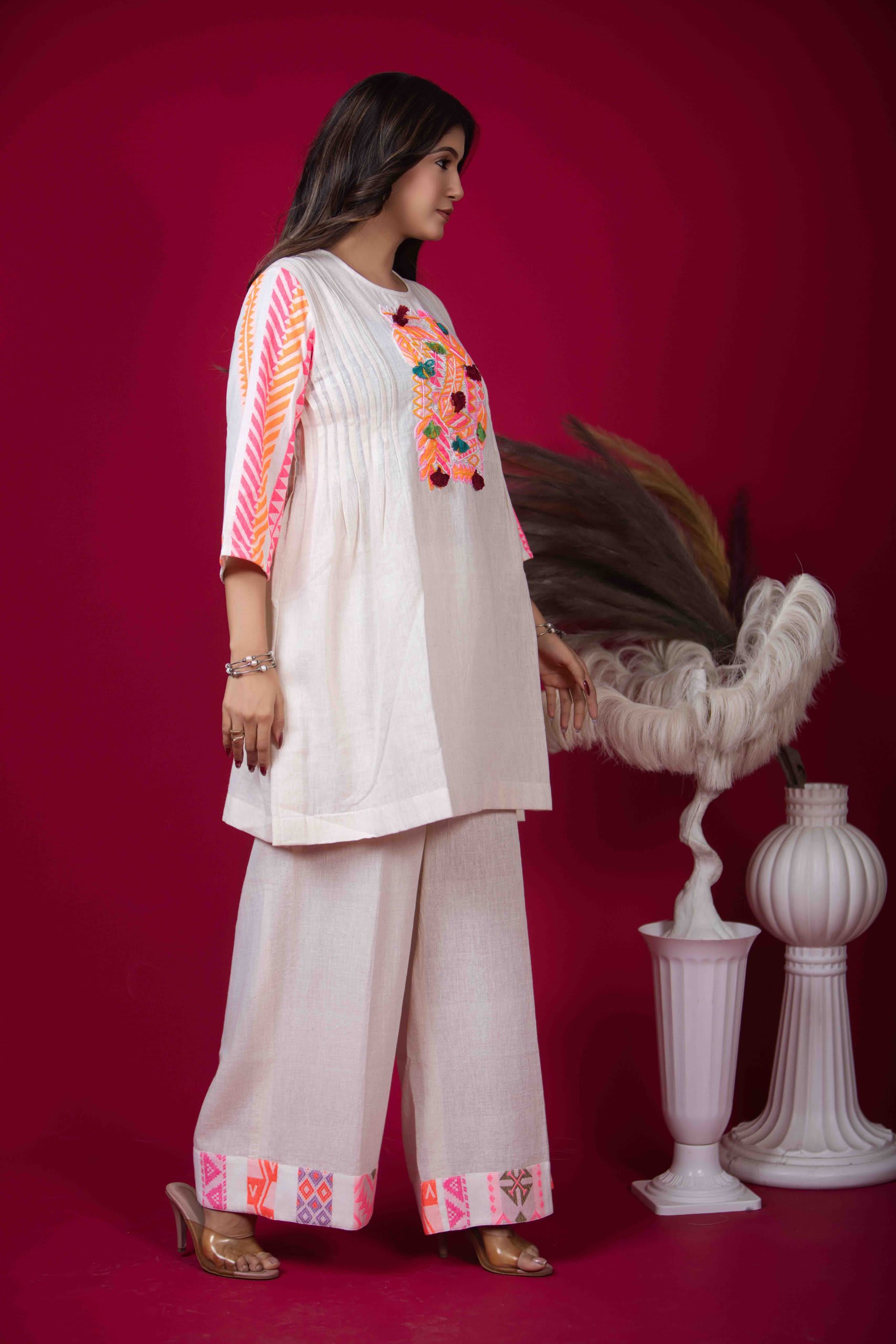 Embroidered Cotton Kurta Set with Pintucks & Palazzo Pants