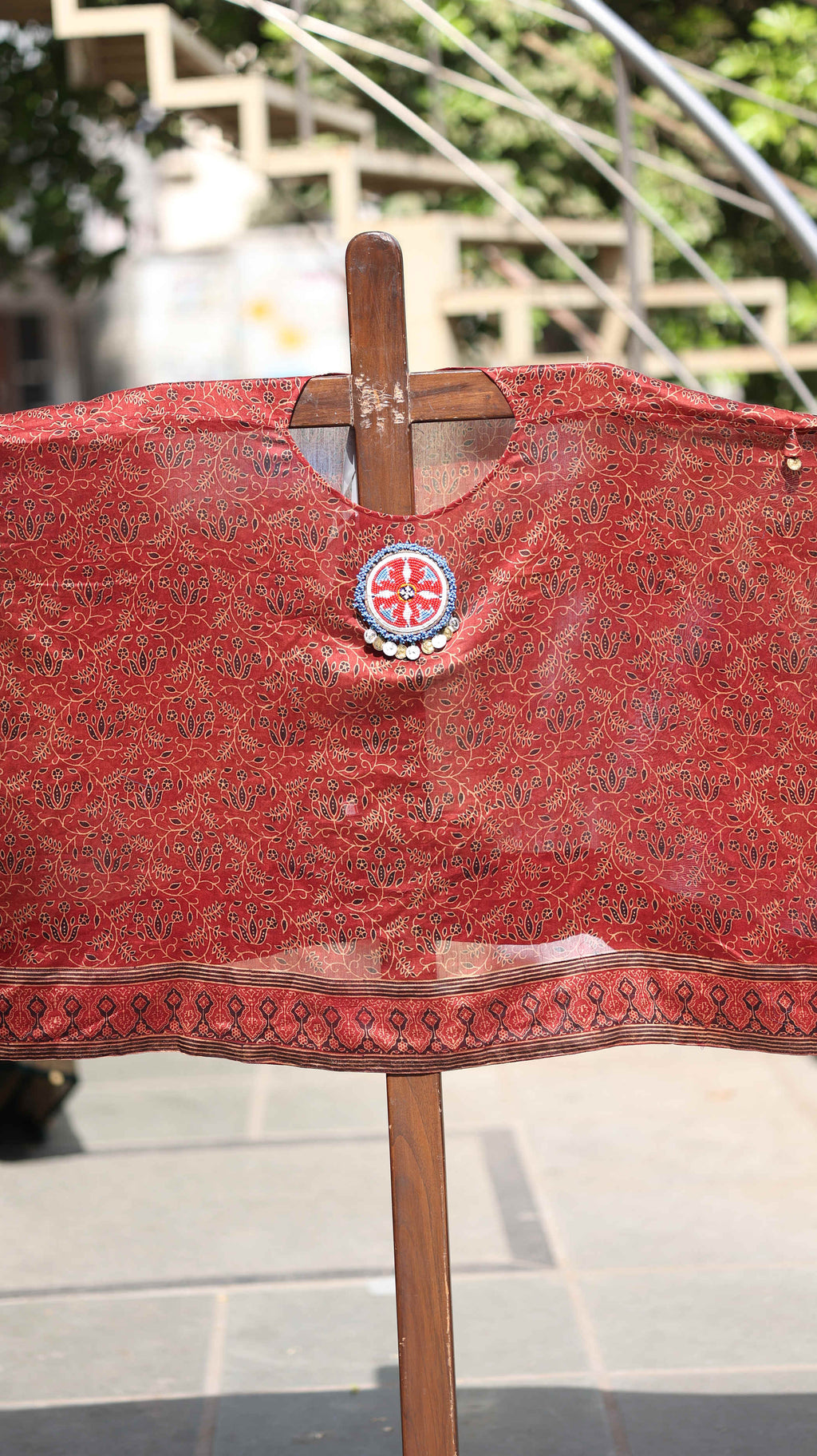 Maroon Kurti Set with Floral Motifs & Beaded Embellishments