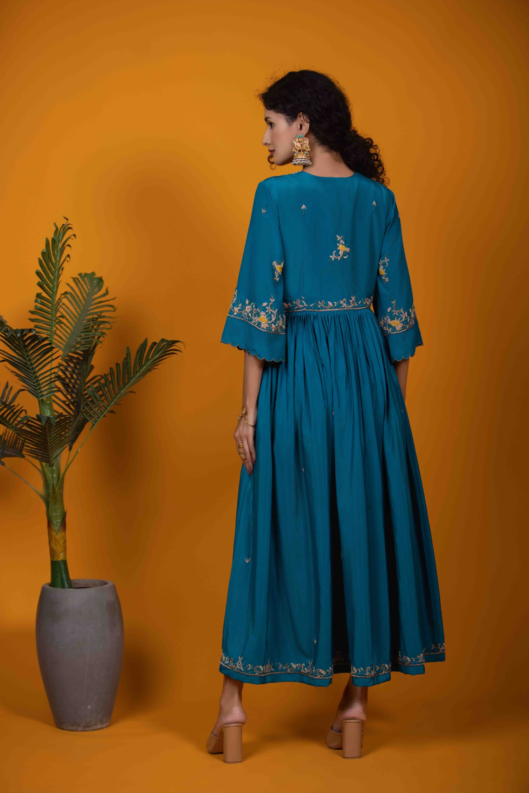 Rama Blue Kurti Set with Zardozi Embroidery & Bell Sleeves