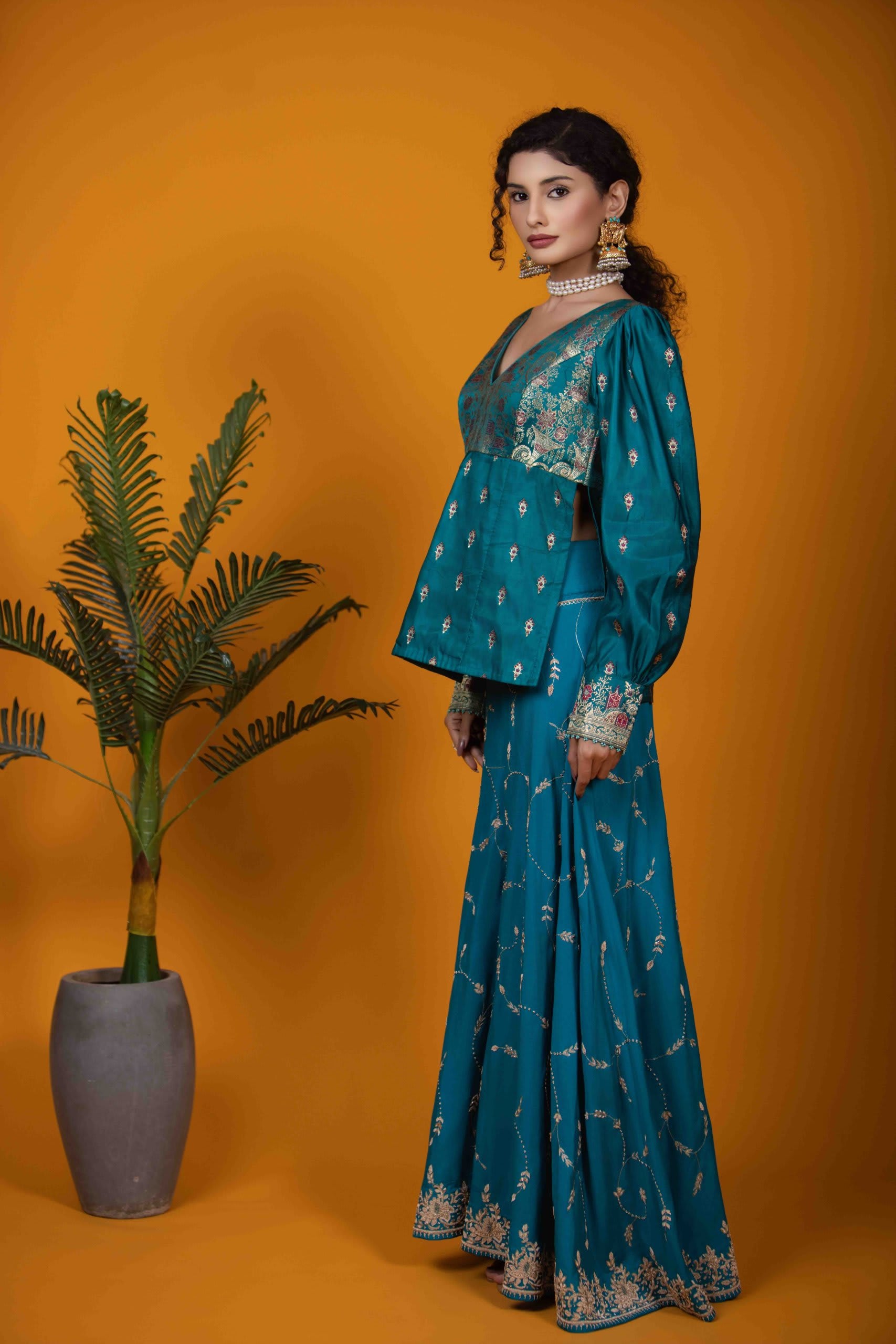 Rama Green Peplum Top & Flare Palazzo Set - Luxurious Silk & Embroidery