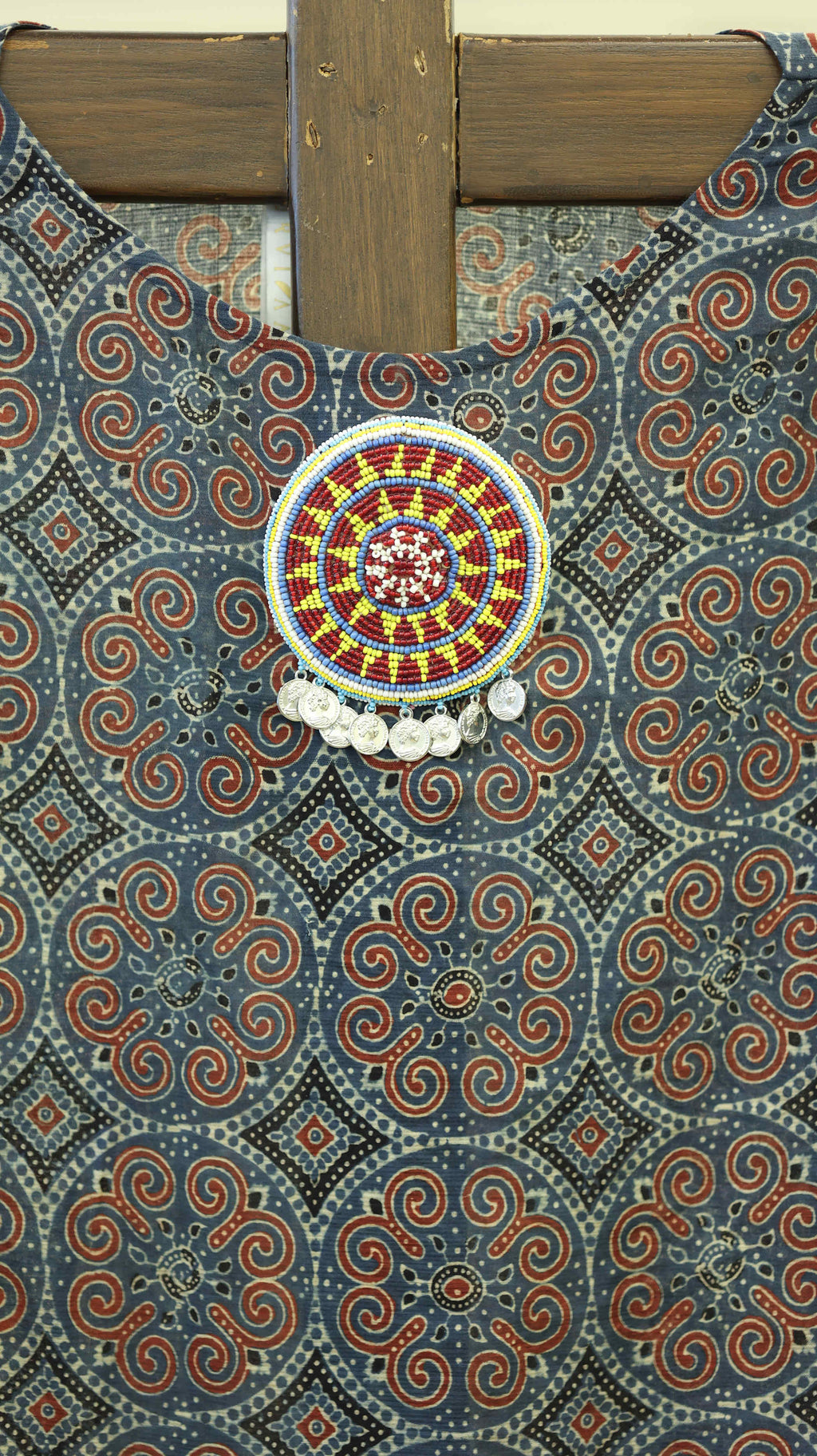 Blue and Orange Kurti Set with Geometric Patterns and Beaded Neckline