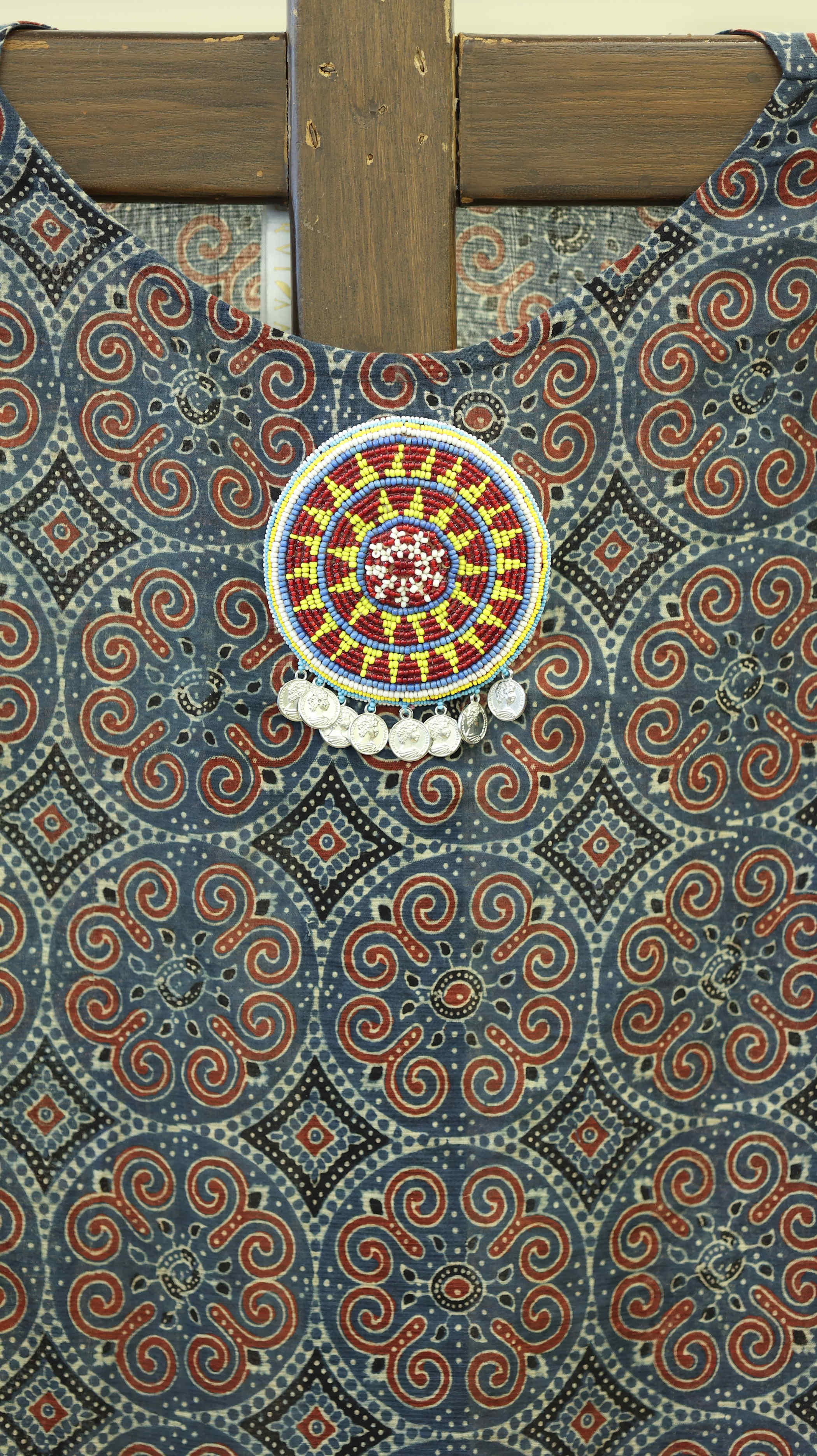 Blue and Orange Kurti Set with Geometric Patterns and Beaded Neckline