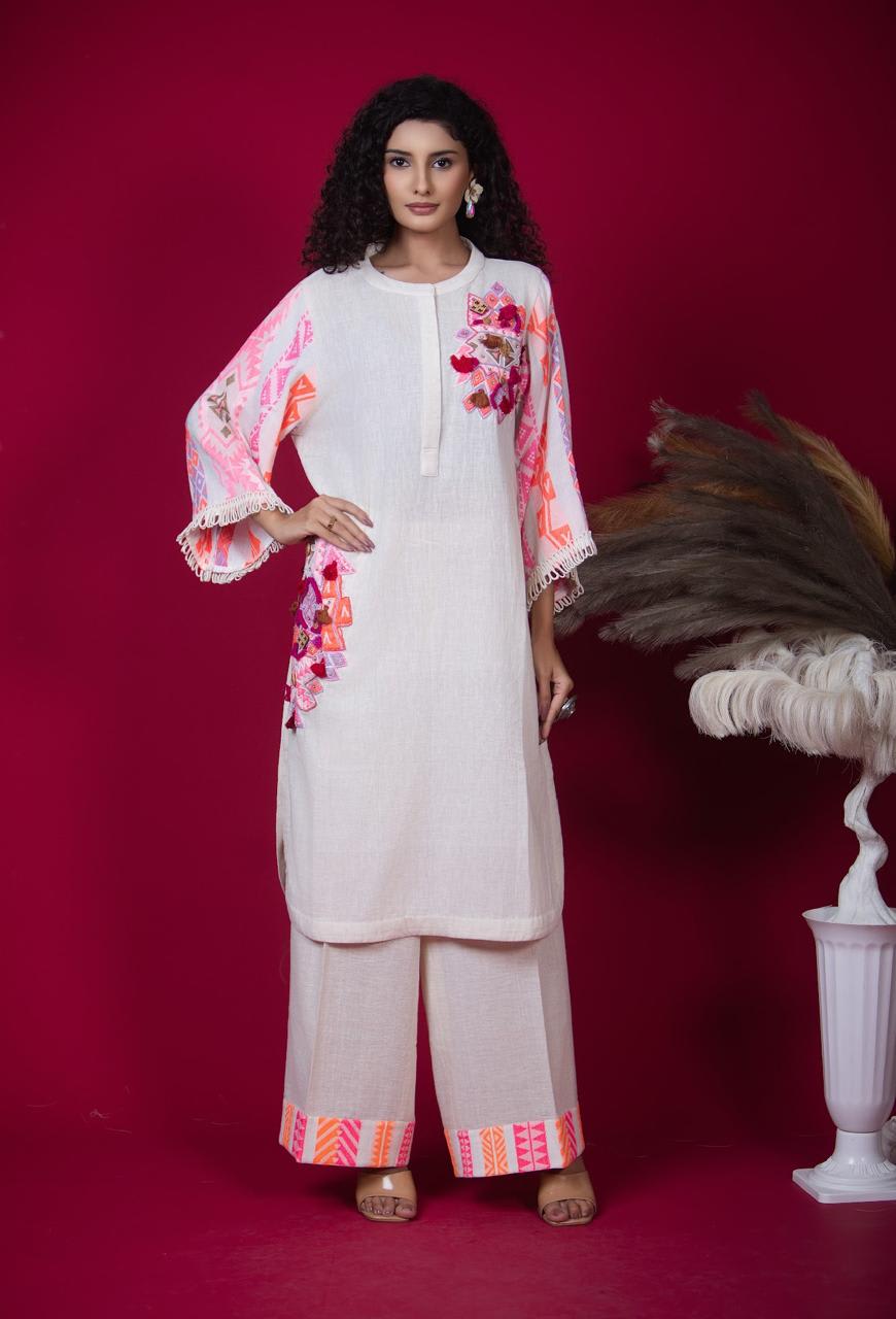 Pastel Kurta Set with Applique and Embroidered Sleeves