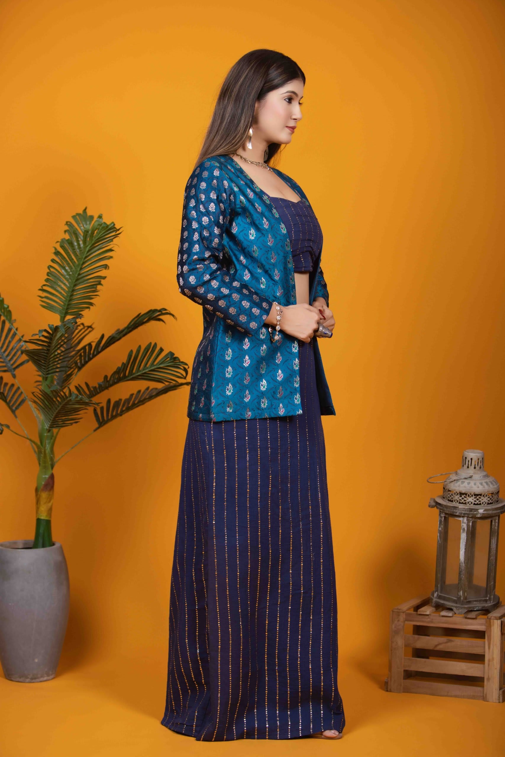 Deep Blue Banarasi Silk Ensemble with Mukaish Embellishments