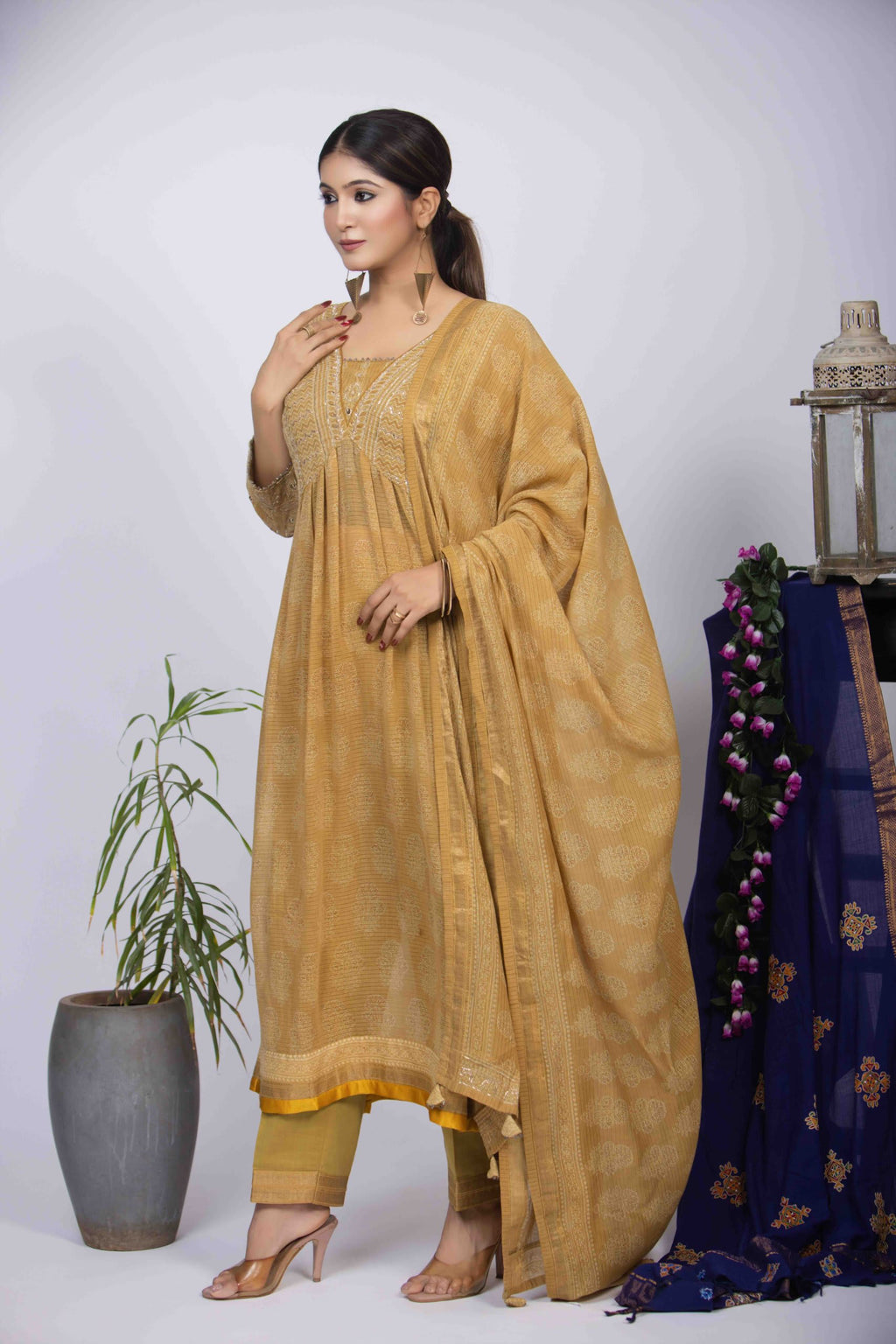 Yellow Ajrakh Block Print Kurta Set with Pita Work & Dupatta