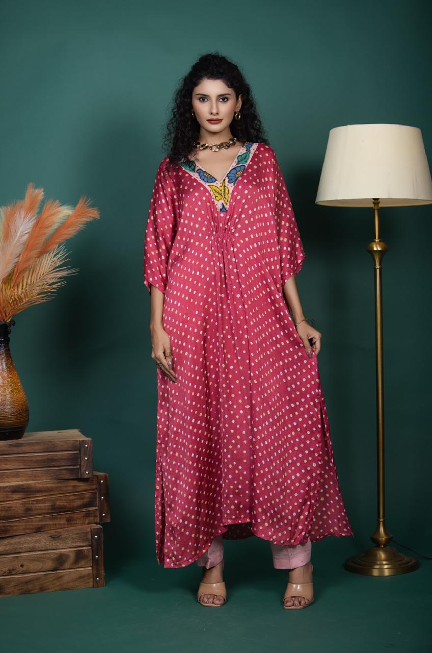 Pink Bandhej Kaftan with Hand-Painted Kalamkari Patches