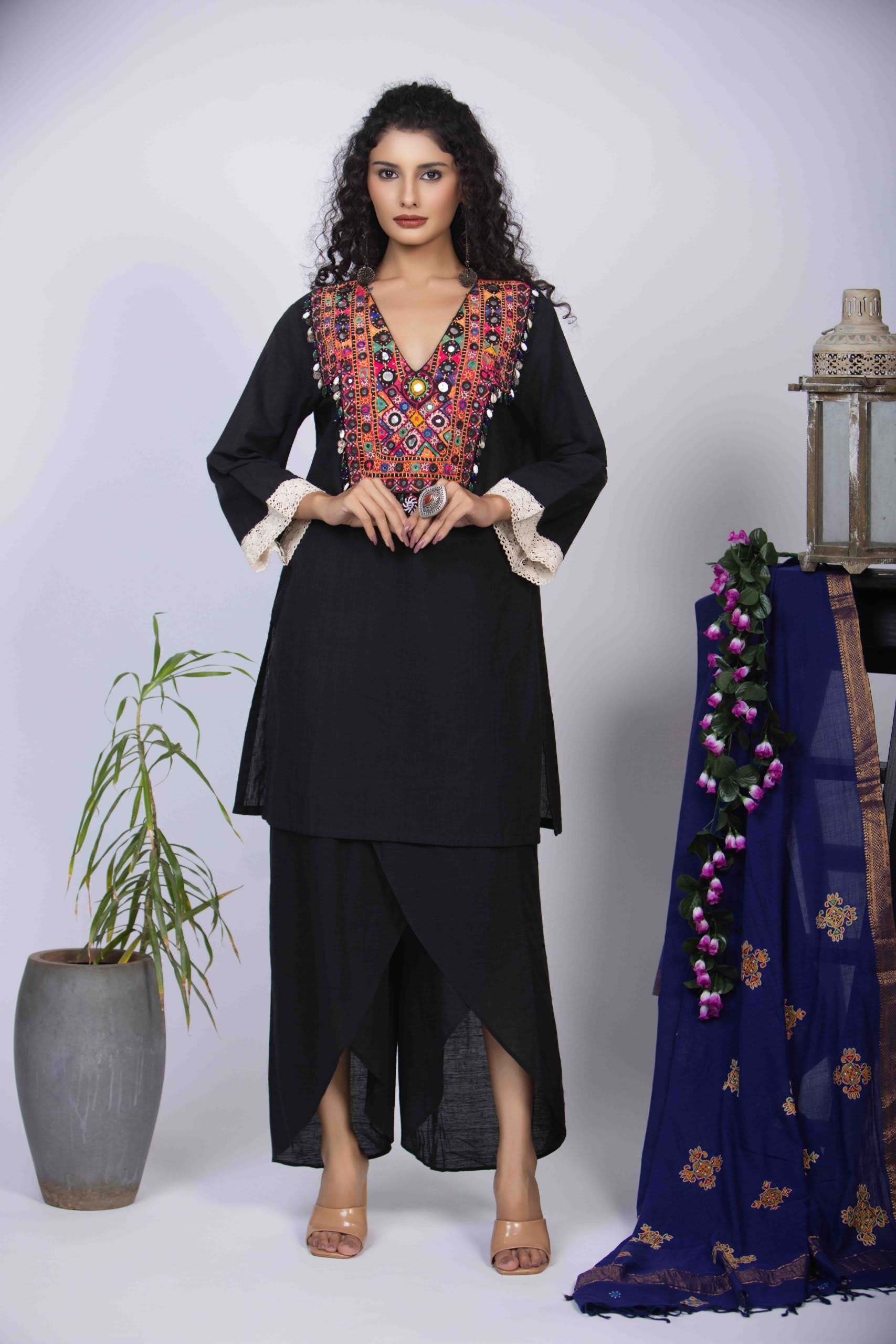 Black Short Kurta with Vibrant Kutchi Handwork and Drape Dhoti