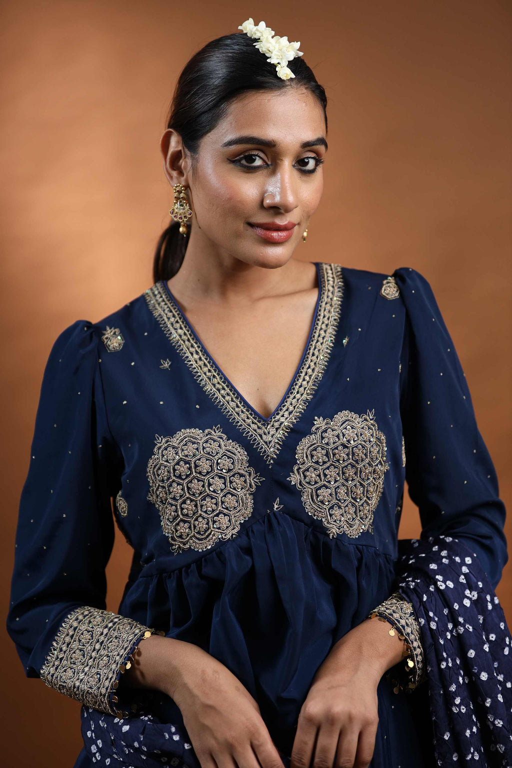 Navy Blue Kurti Set with Intricate Embroidery & A-Line Silhouette