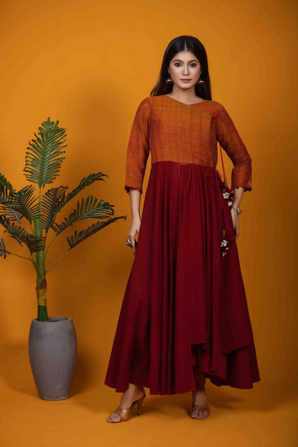 Maroon Angrakha Dress with Katha Embroidery and Cotton Fabric