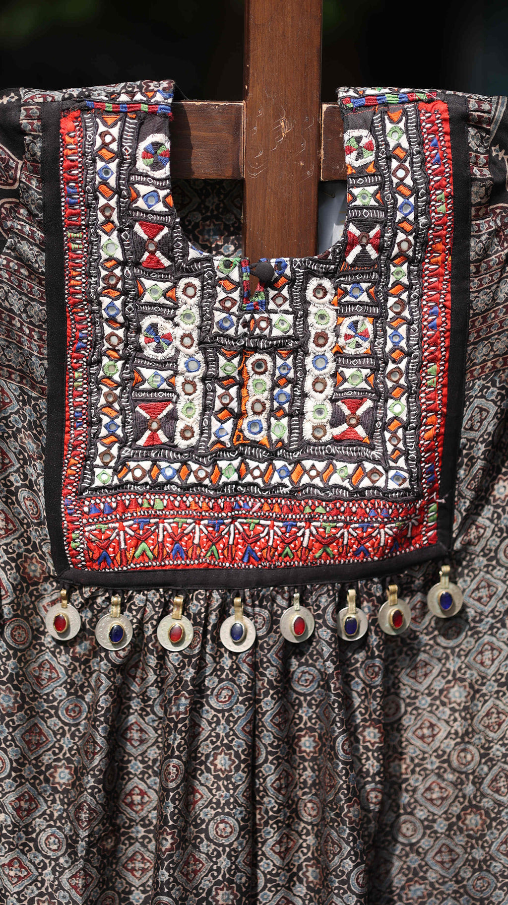 Black Kurti Set with Geometric Floral Embroidery and Mirror Work