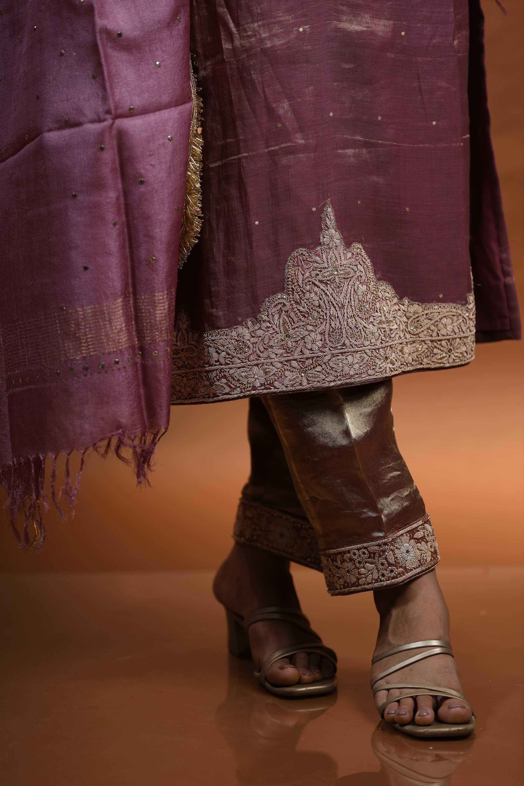 Plum Silk Kurti Set with Silver Embroidery & Beaded Detailing