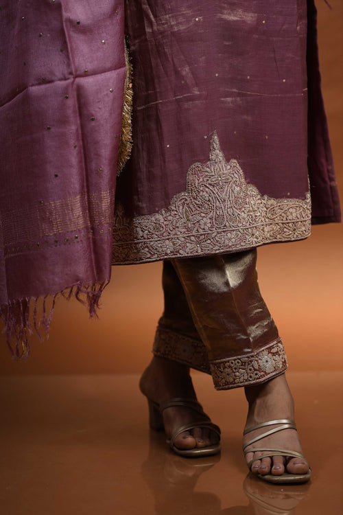 Plum Silk Kurti Set with Silver Embroidery & Beaded Detailing