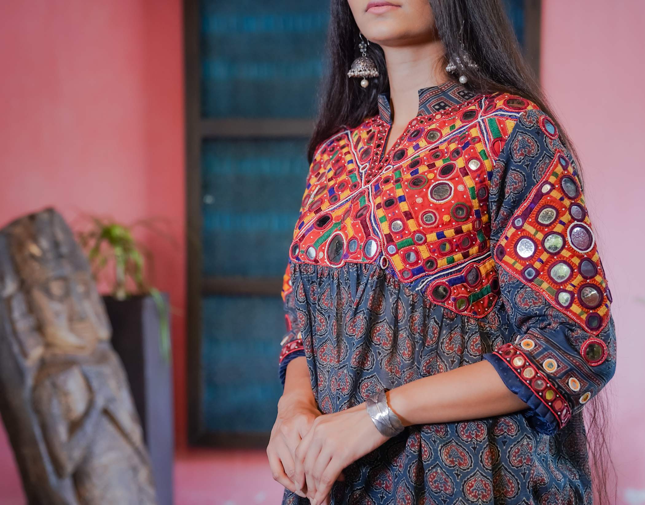 Ajrak Kurti Set in Deep Blue & Maroon with Embroidery & Geometric Print