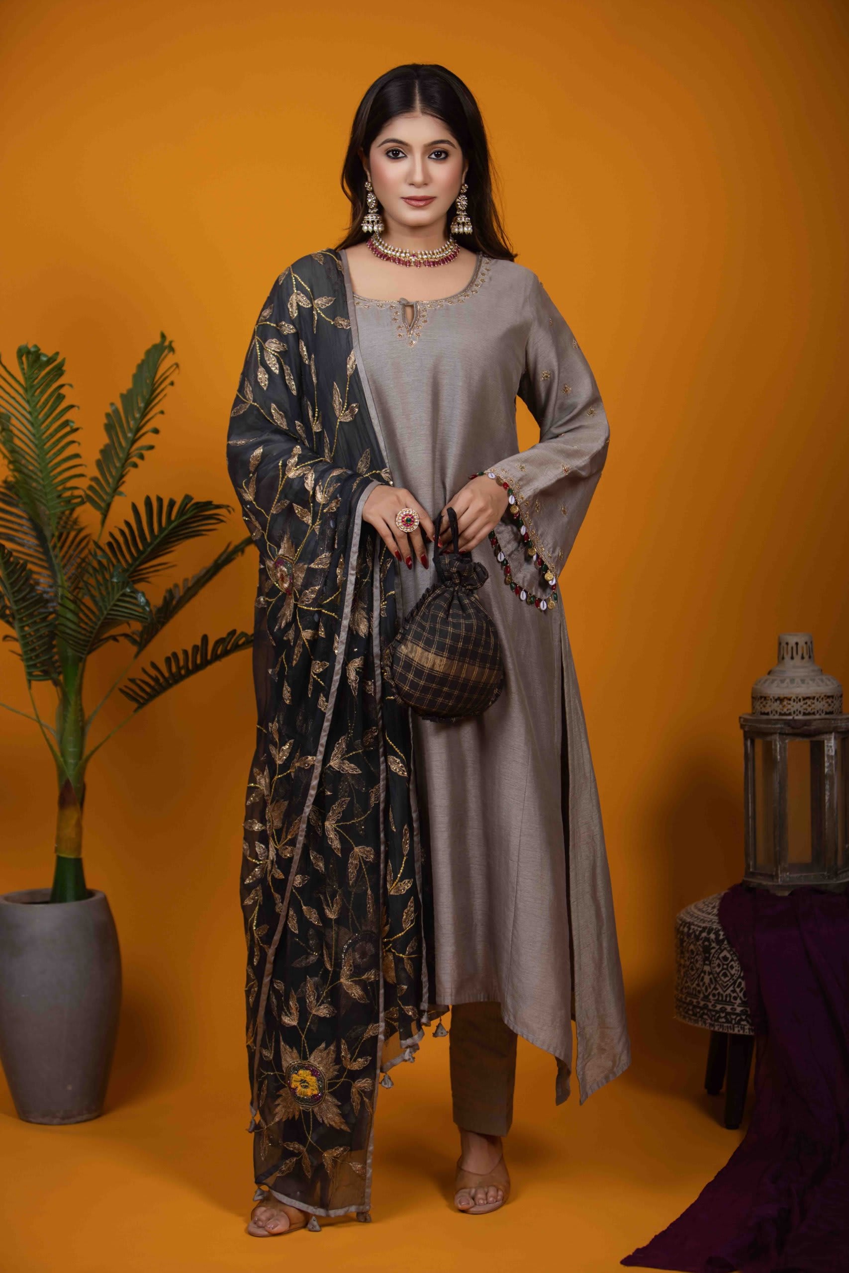 Grey Kurta Set with Hand Embroidery and Silk Pants