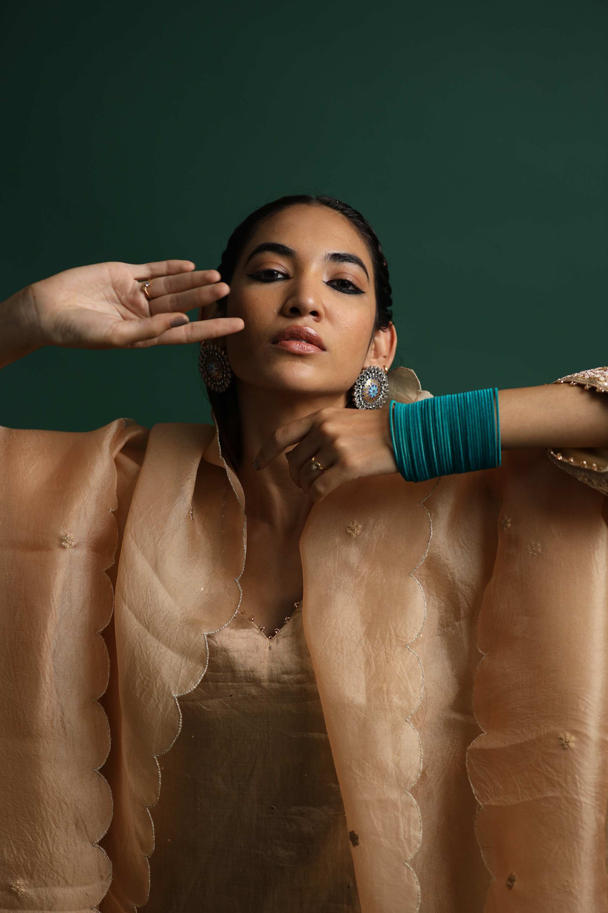 Metallic Kurti Set with Intricate Embroidery & Scalloped Dupatta