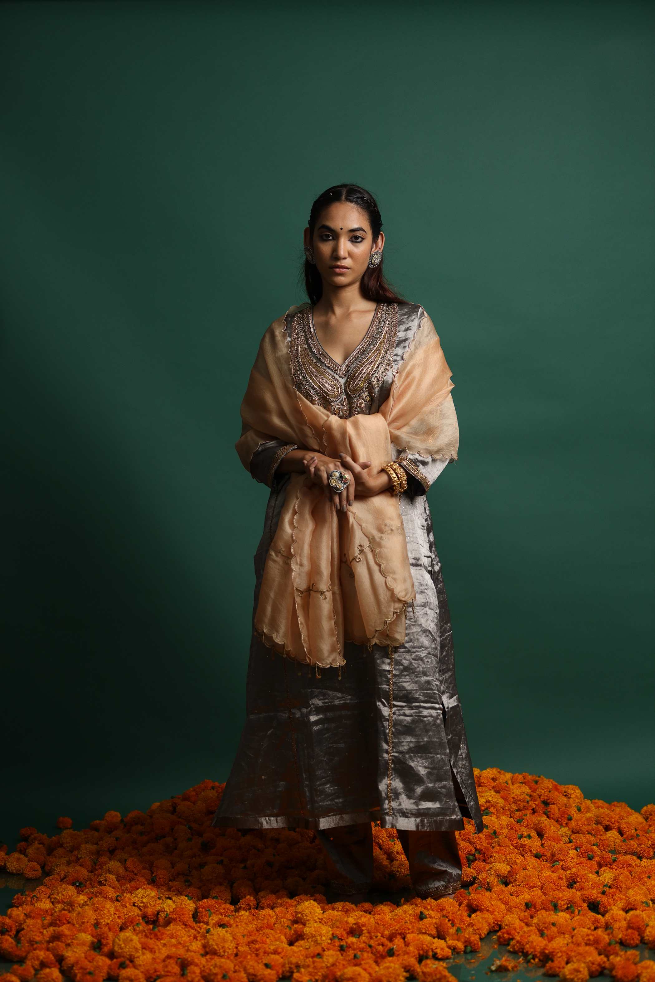 Grey Kurti Set with Zardosi Embroidery and Silk Fabric