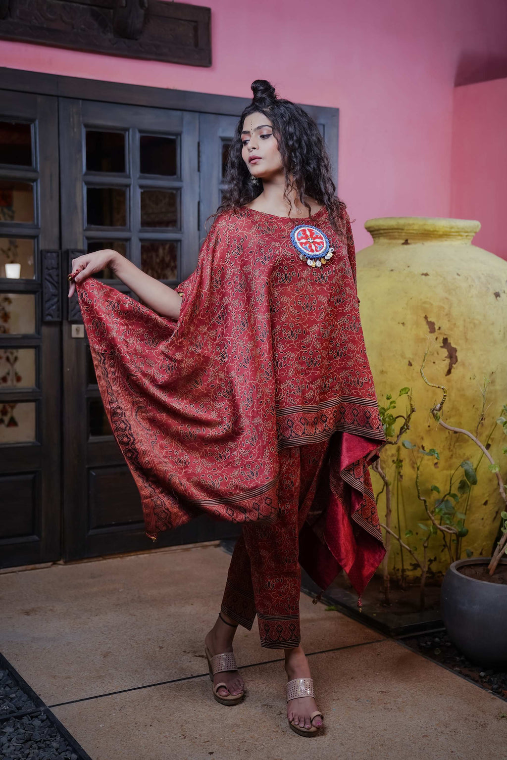 Maroon Ajrak Kurti Set with Flowing Sleeves & Beaded Medallion