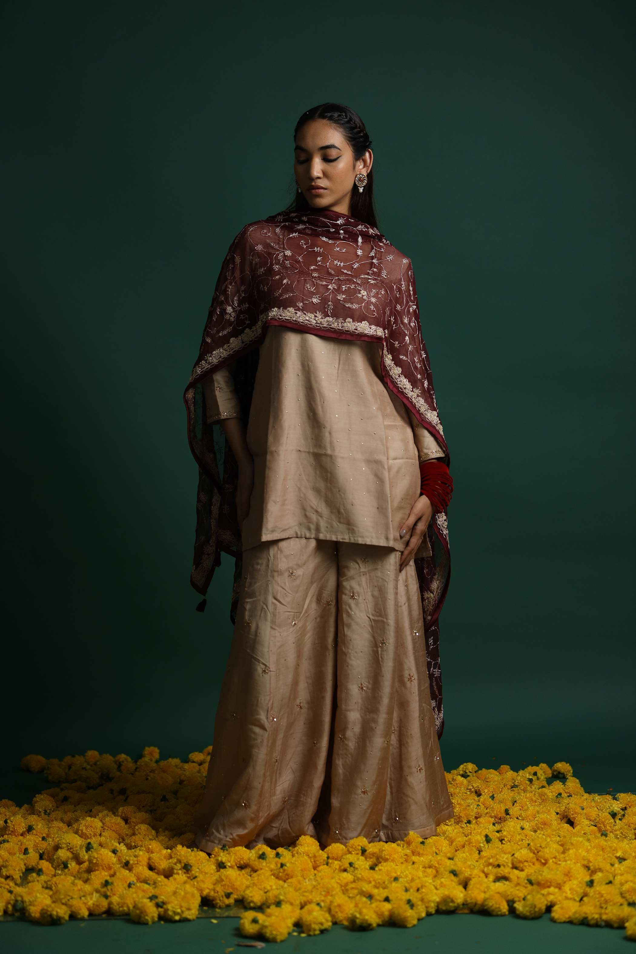 Beige Jardosh Kurti Set with Embroidery and Shimmering Accents