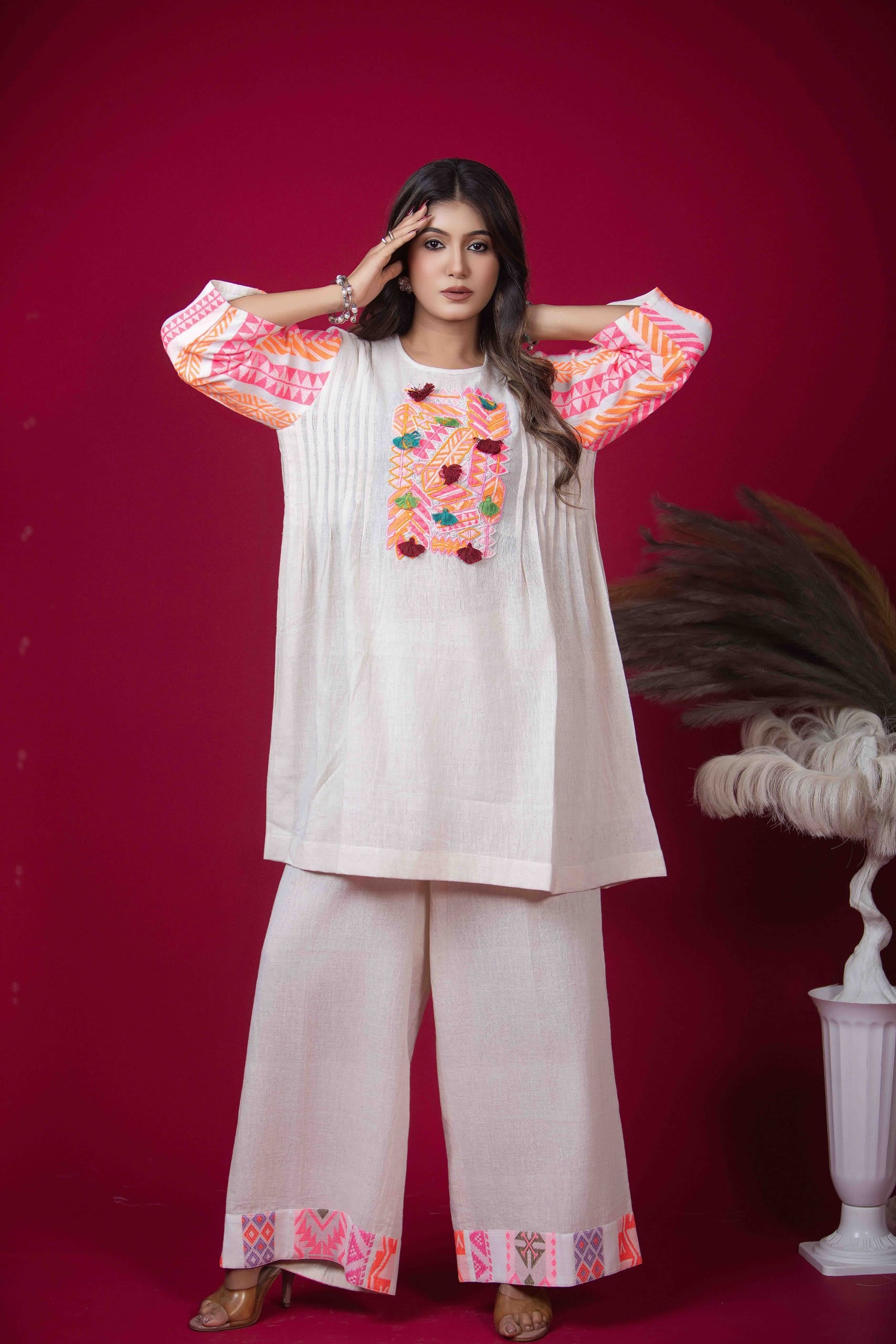 Embroidered Cotton Kurta Set with Pintucks & Palazzo Pants