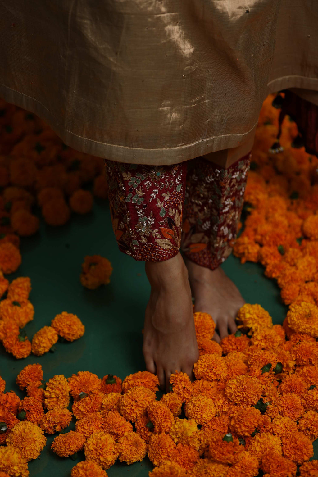 Golden Kurti Set with Maroon Embroidery & Wildlife Motifs