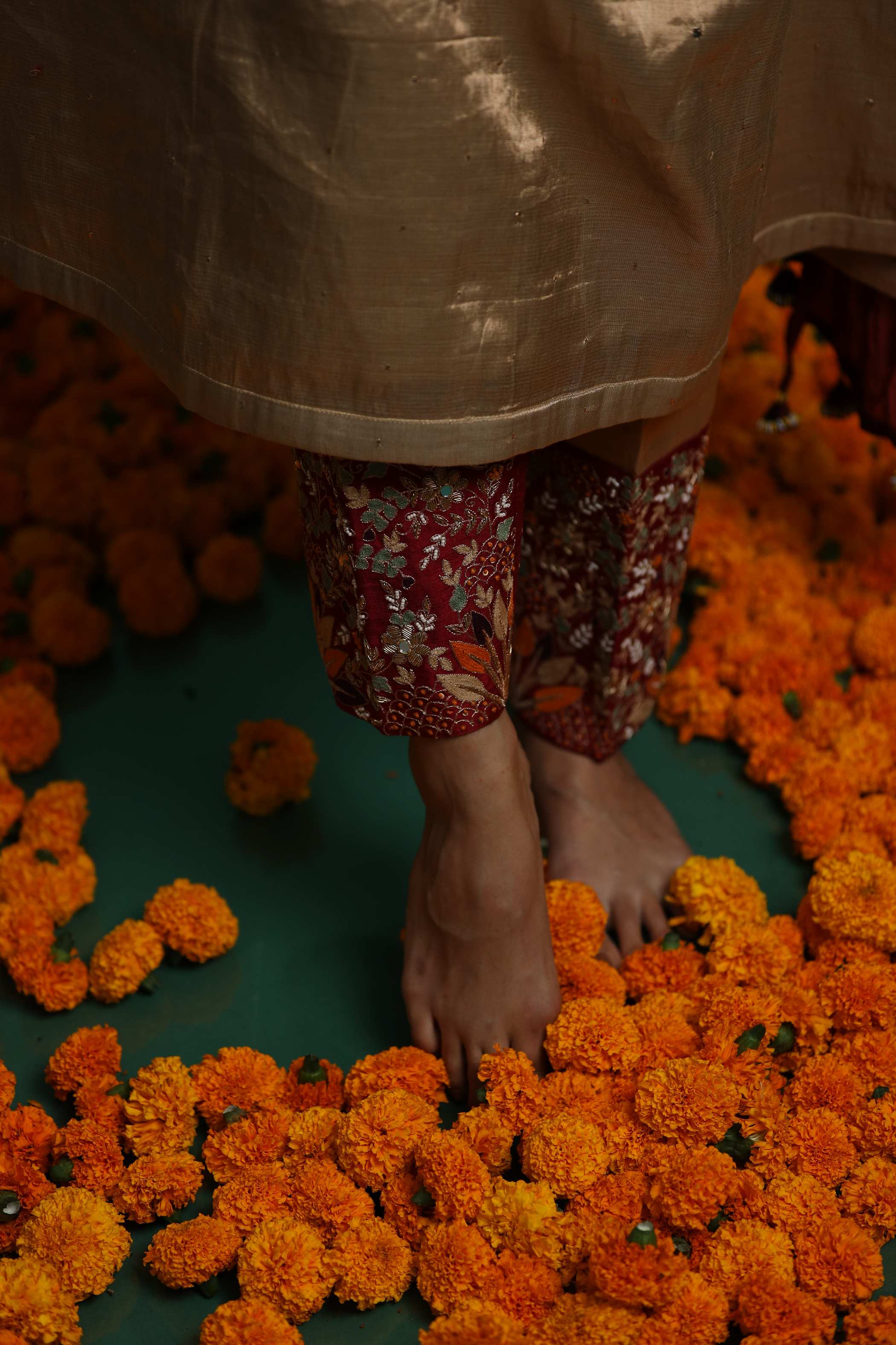 Golden Kurti Set with Maroon Embroidery & Wildlife Motifs