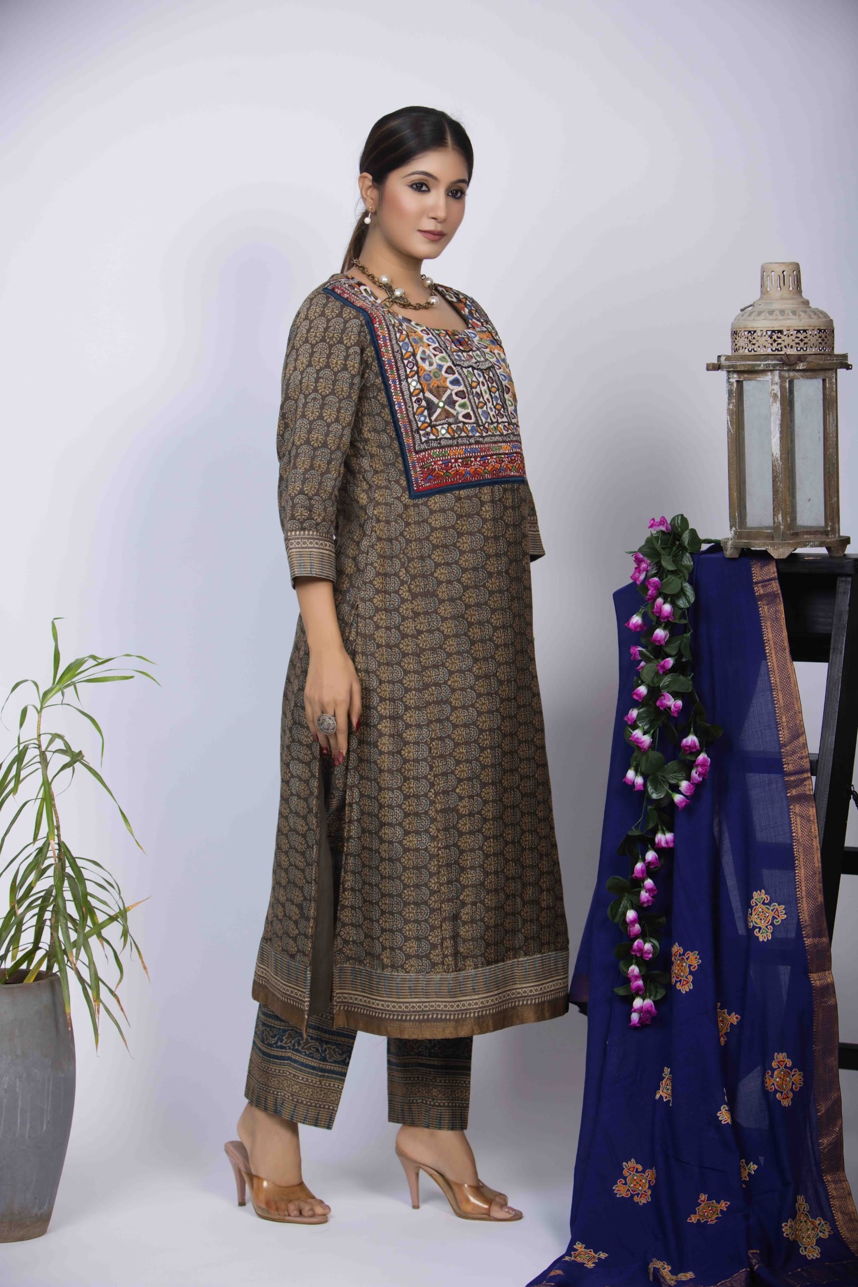 Dusty Green Kurta Set with Ajrakh Block Print & Embroidered Yoke