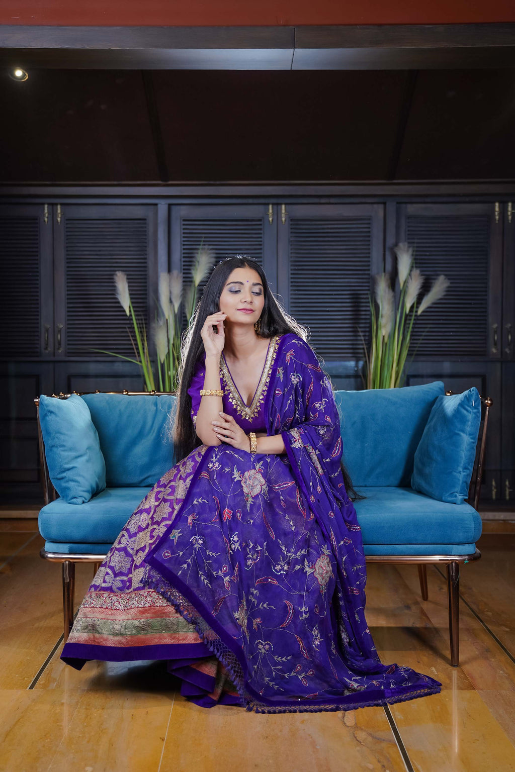 Royal Purple Ajrak Lehenga with Lavish Floral Embroidery