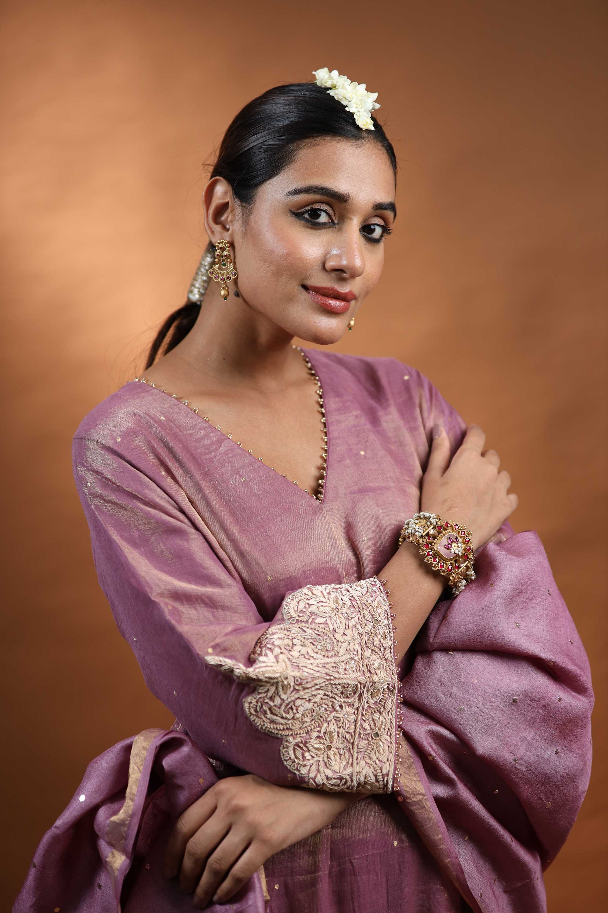 Plum Silk Kurti Set with Silver Embroidery & Beaded Detailing