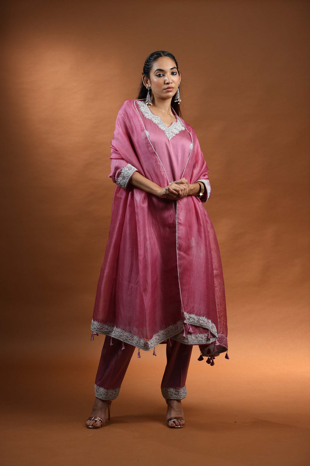 Deep Pink Kurti Set with Intricate Silver Embroidery & Floral Patterns