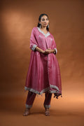 Deep Pink Kurti Set with Intricate Silver Embroidery & Floral Patterns