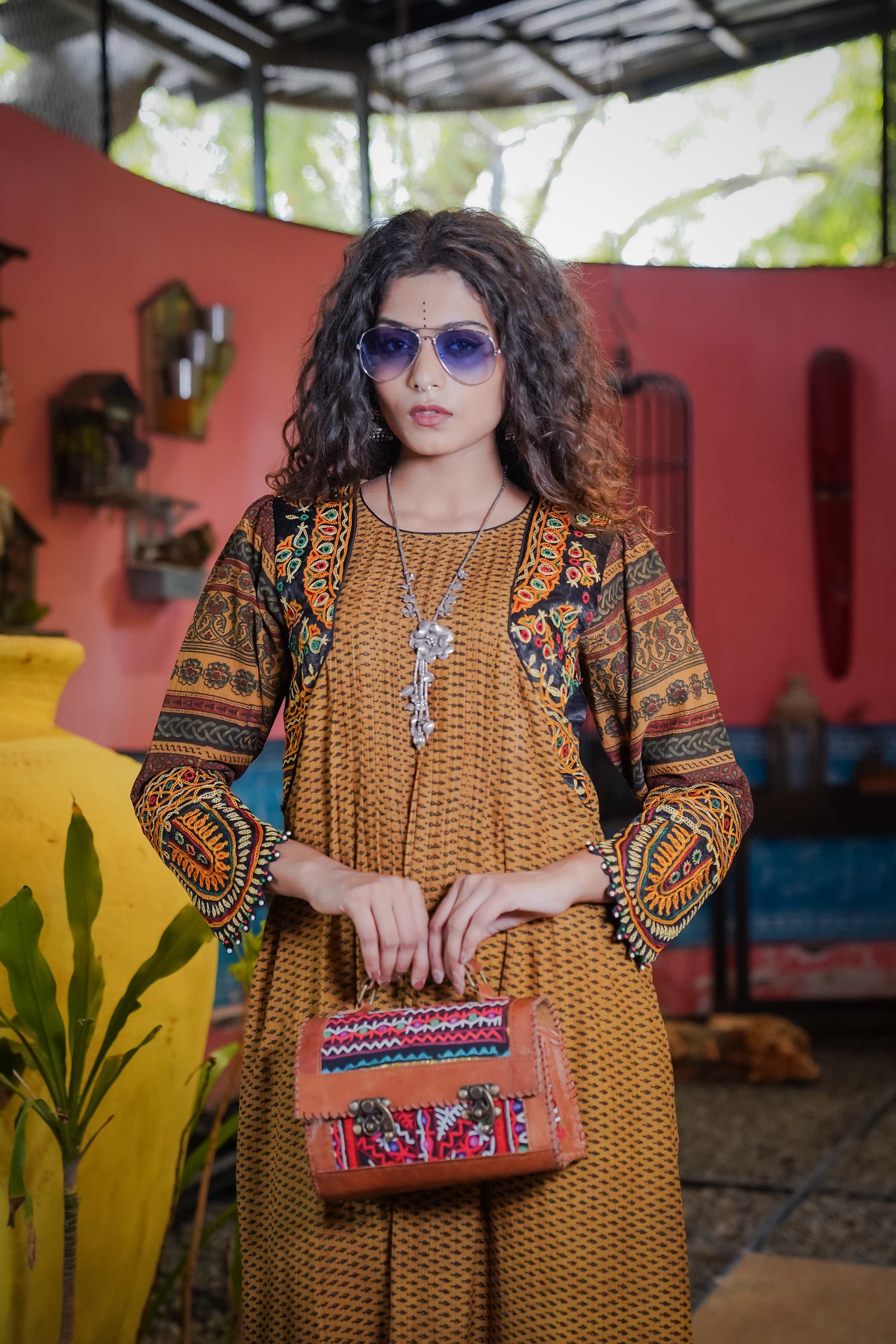Mustard Kurti Set with Ajrak Patterns & Floral Embroidery