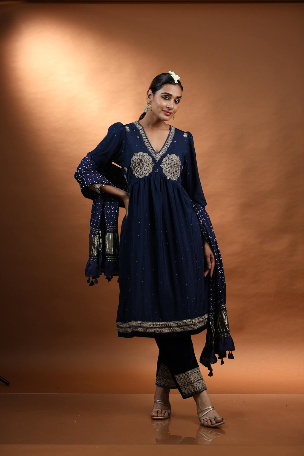 Navy Blue Kurti Set with Intricate Embroidery & A-Line Silhouette
