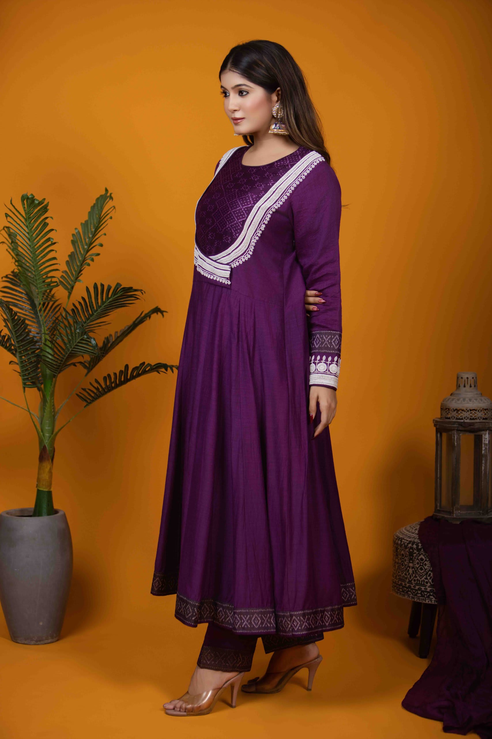 Purple Anarkali Set - Embroidered Monga Silk with Ikkat Detailing
