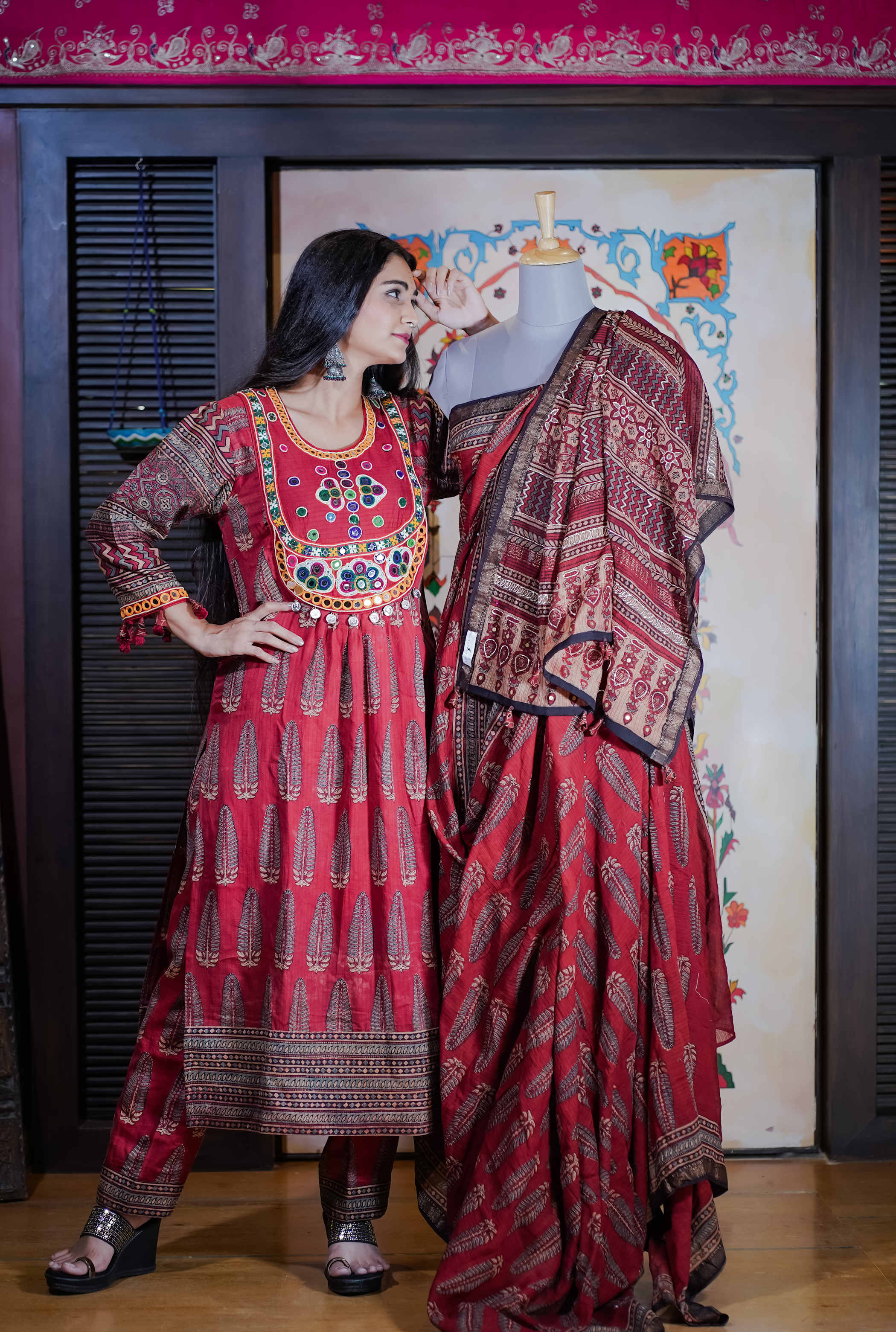 Red Kurti Set with Intricate Embroidery and Mirror Work