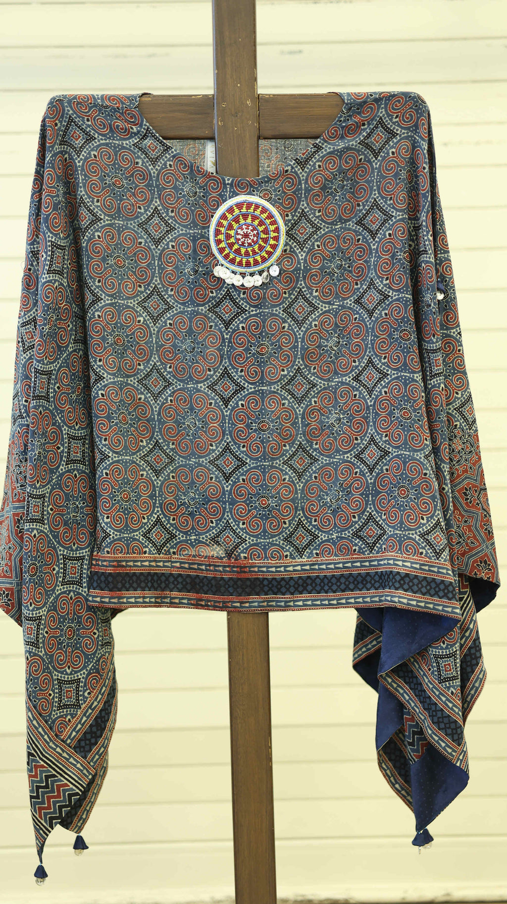 Blue and Orange Kurti Set with Geometric Patterns and Beaded Neckline