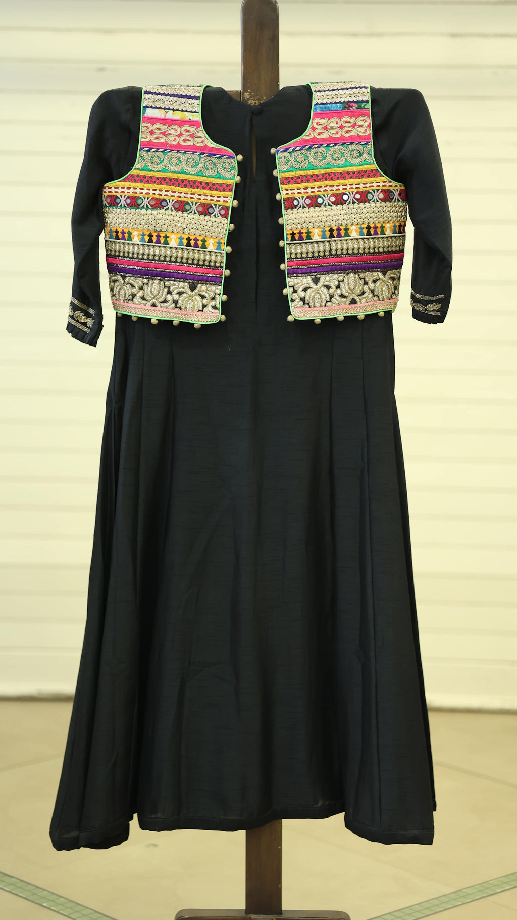 Black Kurti Set with Colorful Embroidery and Pompom Details