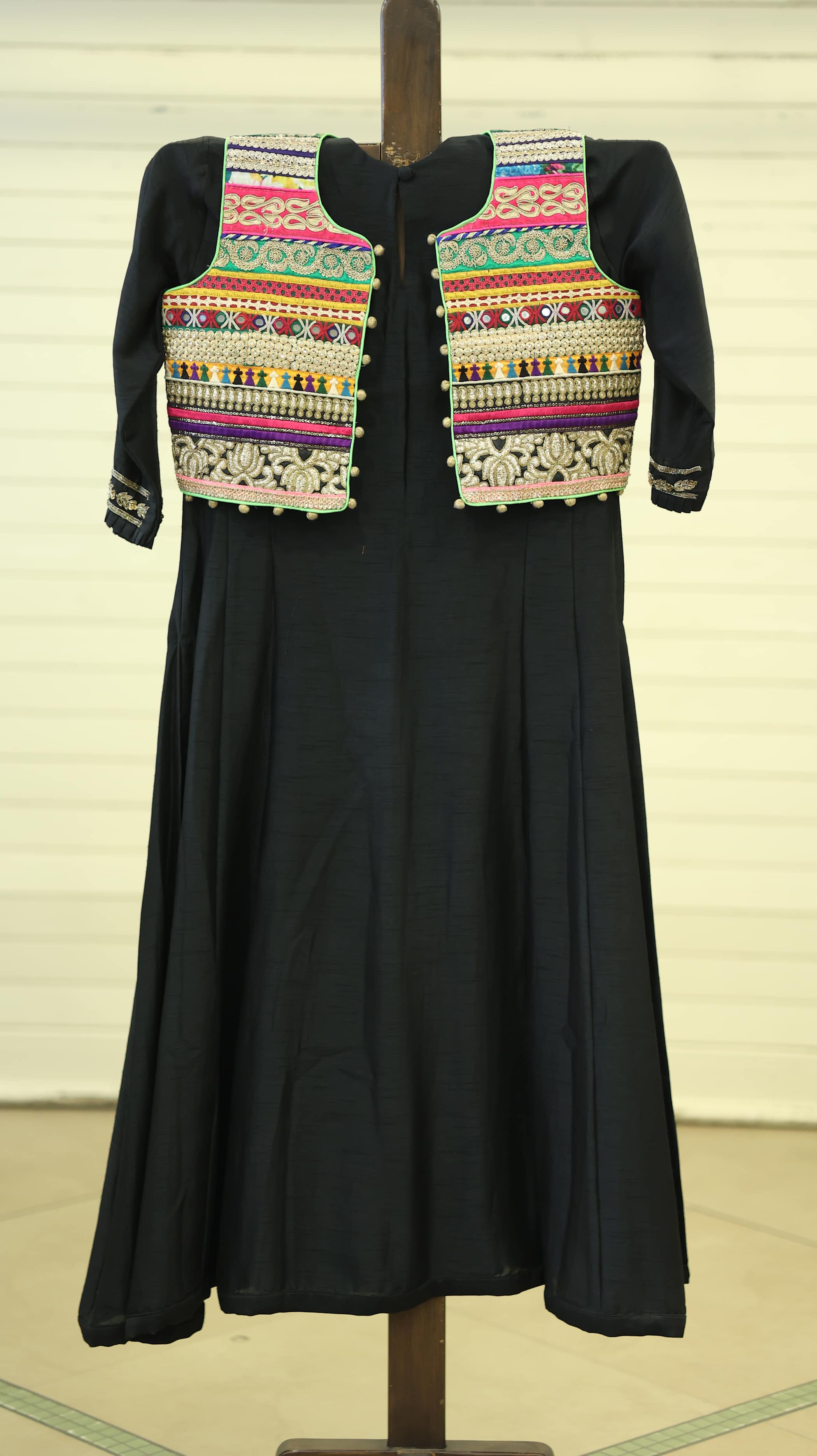 Black Kurti Set with Colorful Embroidery and Pompom Details