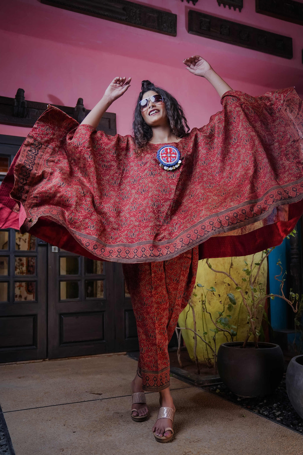 Maroon Ajrak Kurti Set with Flowing Sleeves & Beaded Medallion