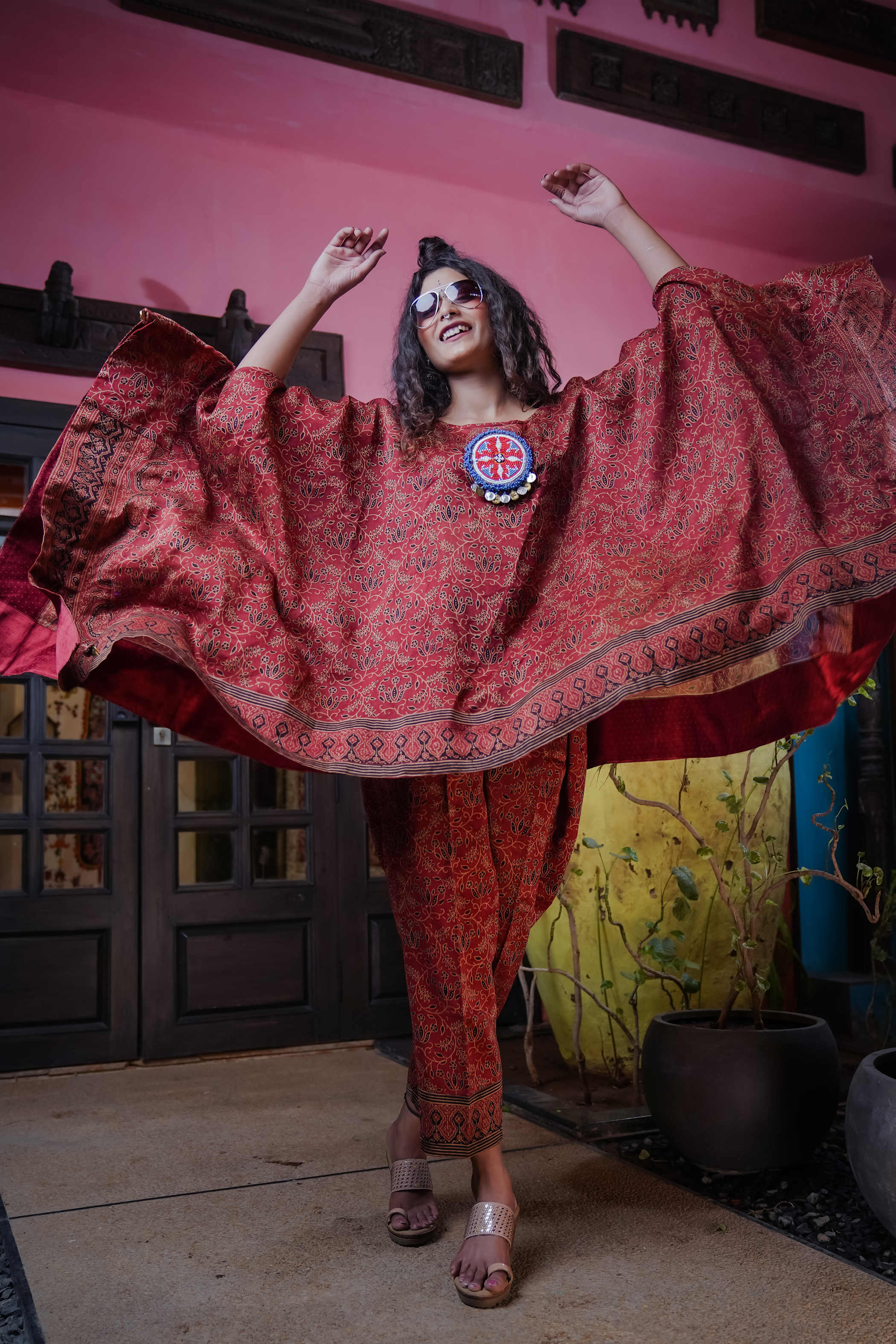 Maroon Ajrak Kurti Set with Flowing Sleeves & Beaded Medallion