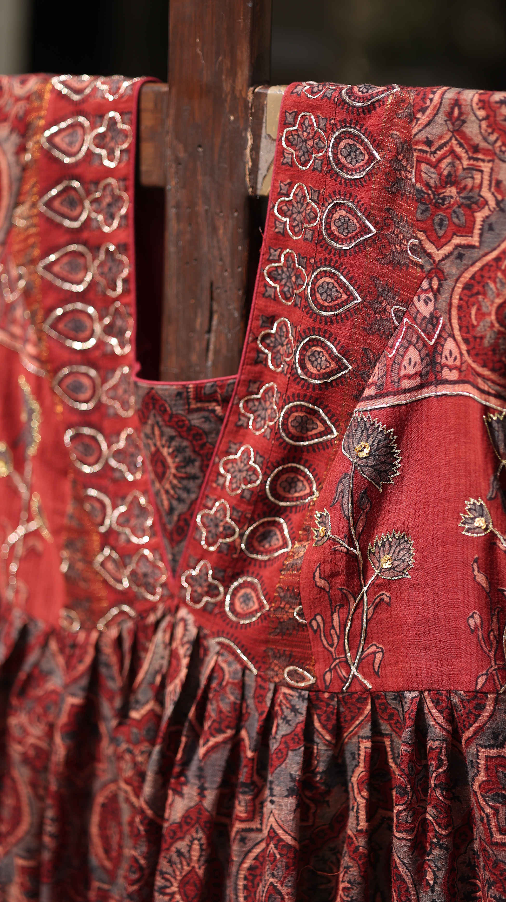 Rust Parampara Kurti Set with Mirror Work & Flowing Skirt