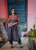 Ajrak Kurti Set in Deep Blue & Maroon with Embroidery & Geometric Print