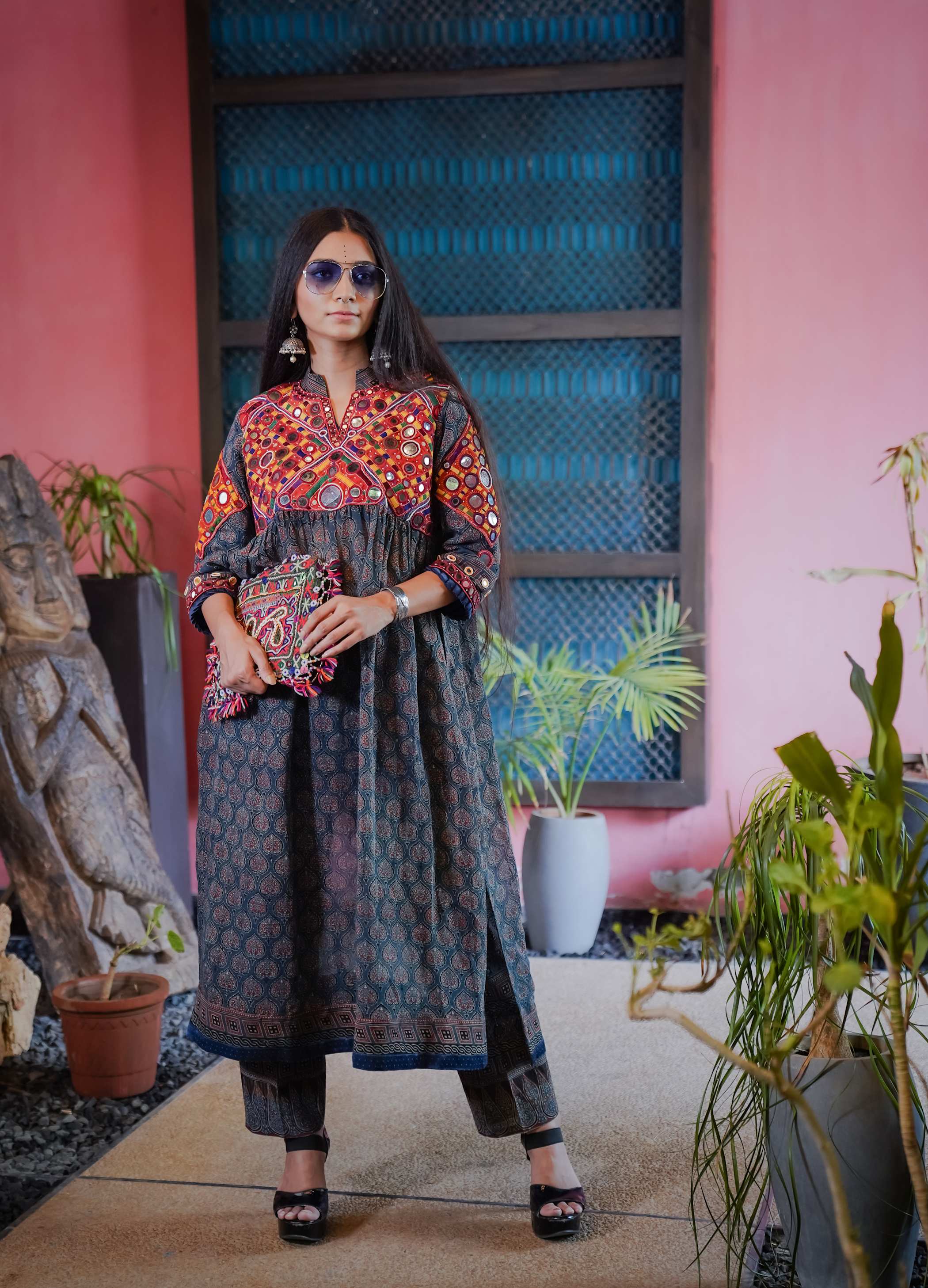 Ajrak Kurti Set in Deep Blue & Maroon with Embroidery & Geometric Print