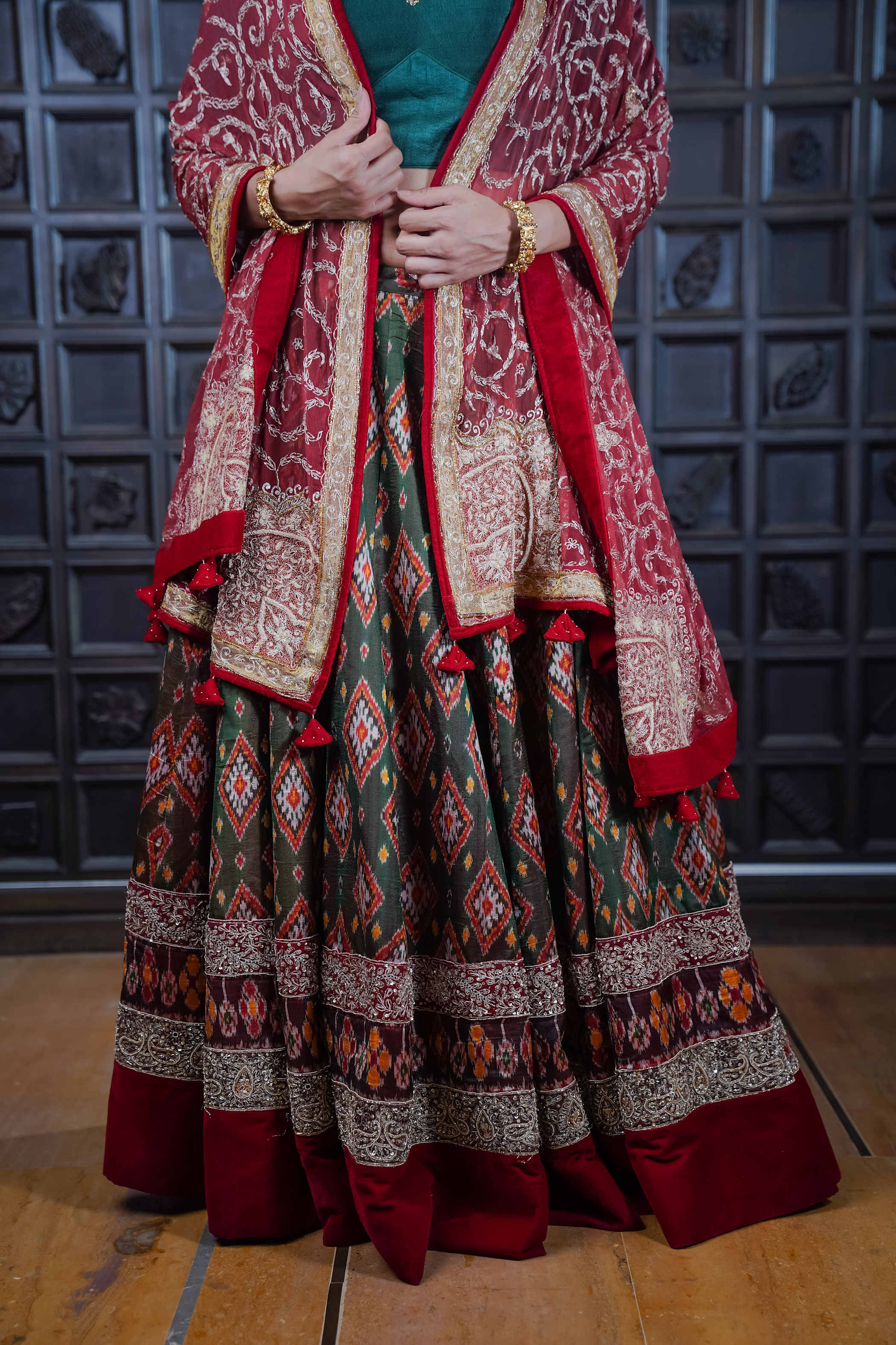 Deep Green Lehenga with Ajrak Patterns & Embroidered Dupatta